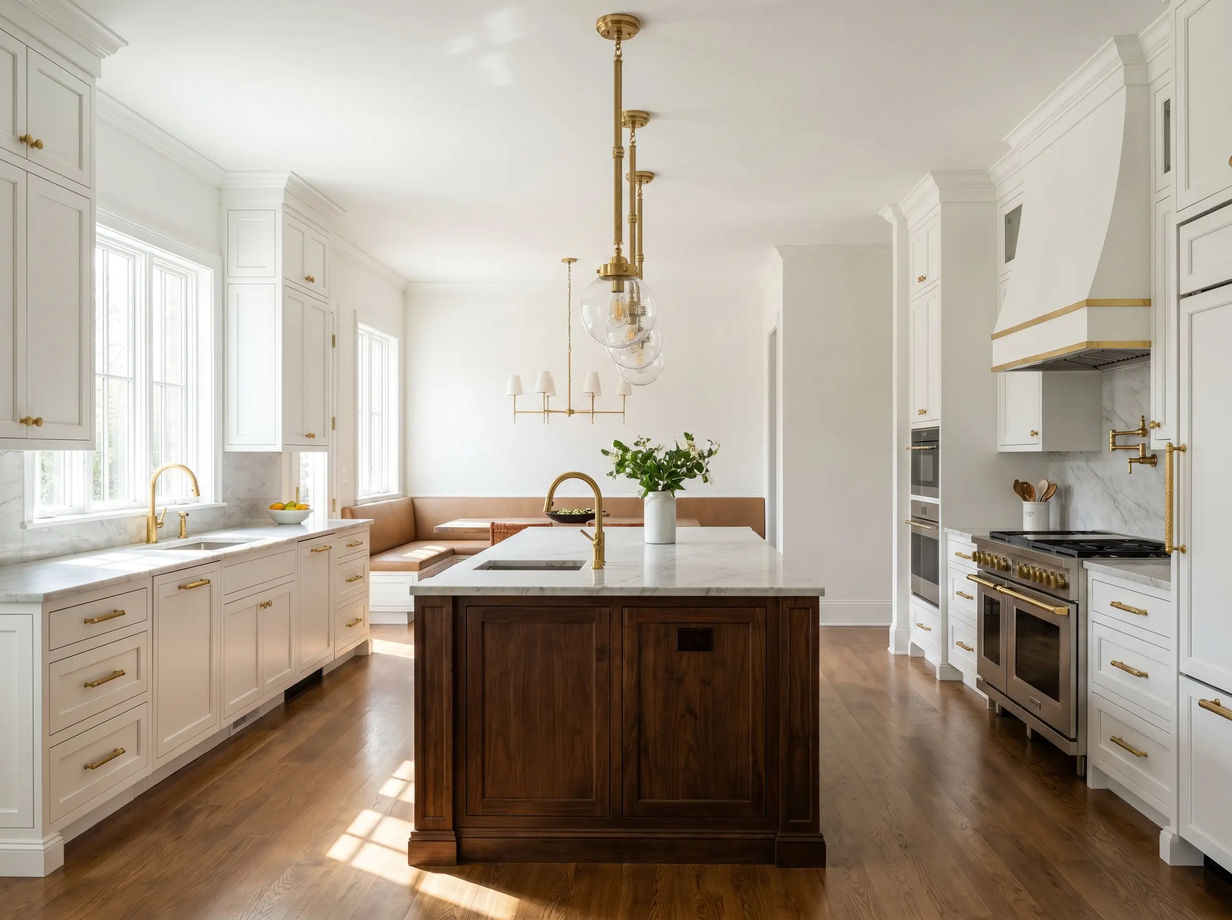 Statement kitchen island lighting pendants cast a practical glow from knurled brass rods that perfectly echo the textured gold hardware on surrounding white shaker cabinets.
