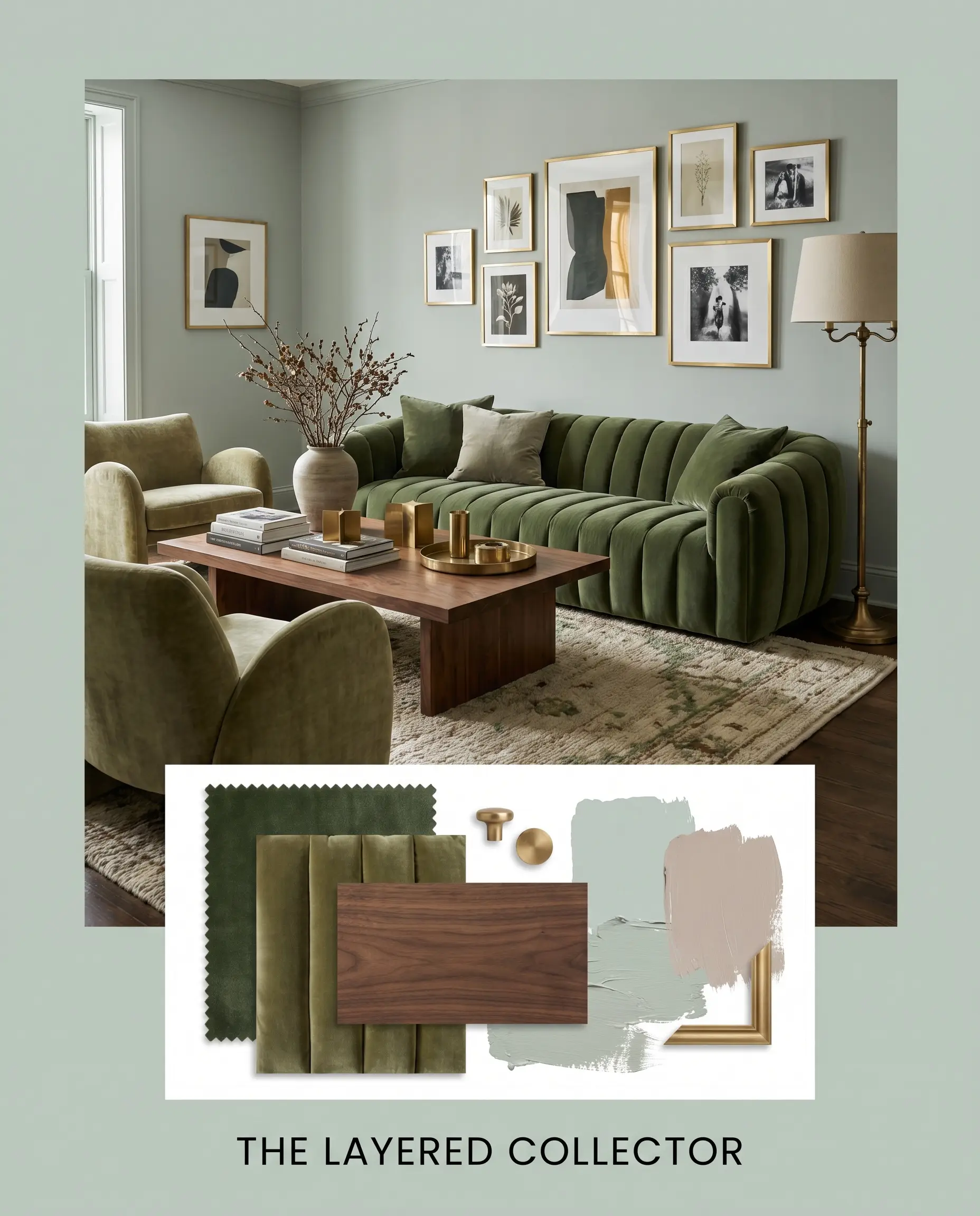 An editorial mood board showcases Benjamin Moore Palladian Blue (Hex #C1D1C9) alongside dense walnut wood samples, unlacquered brass frames, and channel-tufted velvet upholstery.