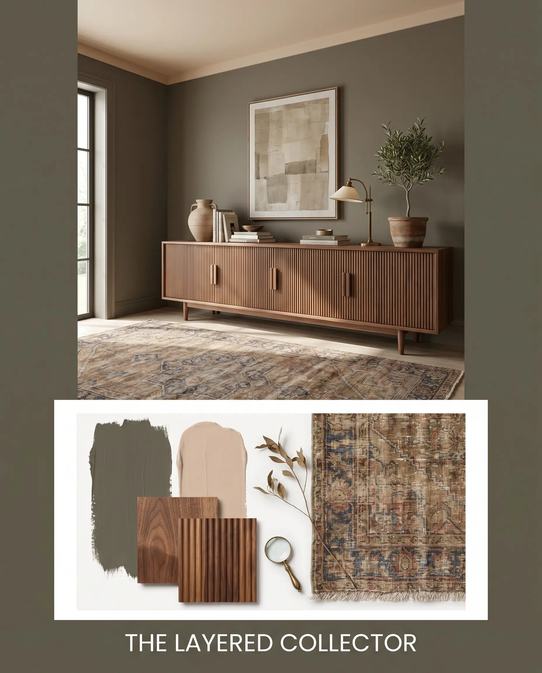 A reeded walnut credenza sits below walls painted in Farrow & Ball Reduced Green (Hex #5c594b) alongside a flat-lay of vintage rug textiles.