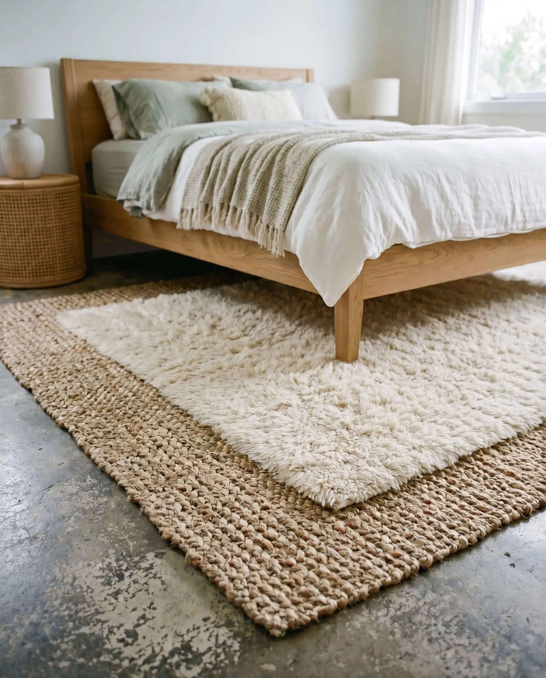 A plush cream wool rug layers directly over a chunky natural jute and sisal rug beneath a standard white oak bed frame.
