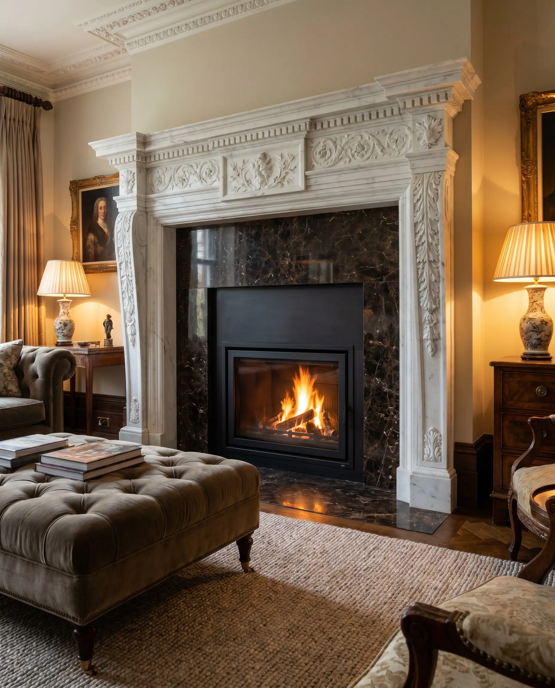 A high-contrast layered marble fireplace features a dark Emperador inner surround framed by a carved white Statuario outer mantel behind a plush tufted ottoman.