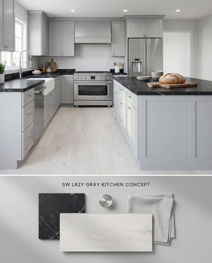 A split digital conceptual board for a transitional kitchen featuring Lazy Gray lower cabinetry on the top, with physical materials like Nero Marquina marble and whitewashed wood on the textured bottom section.