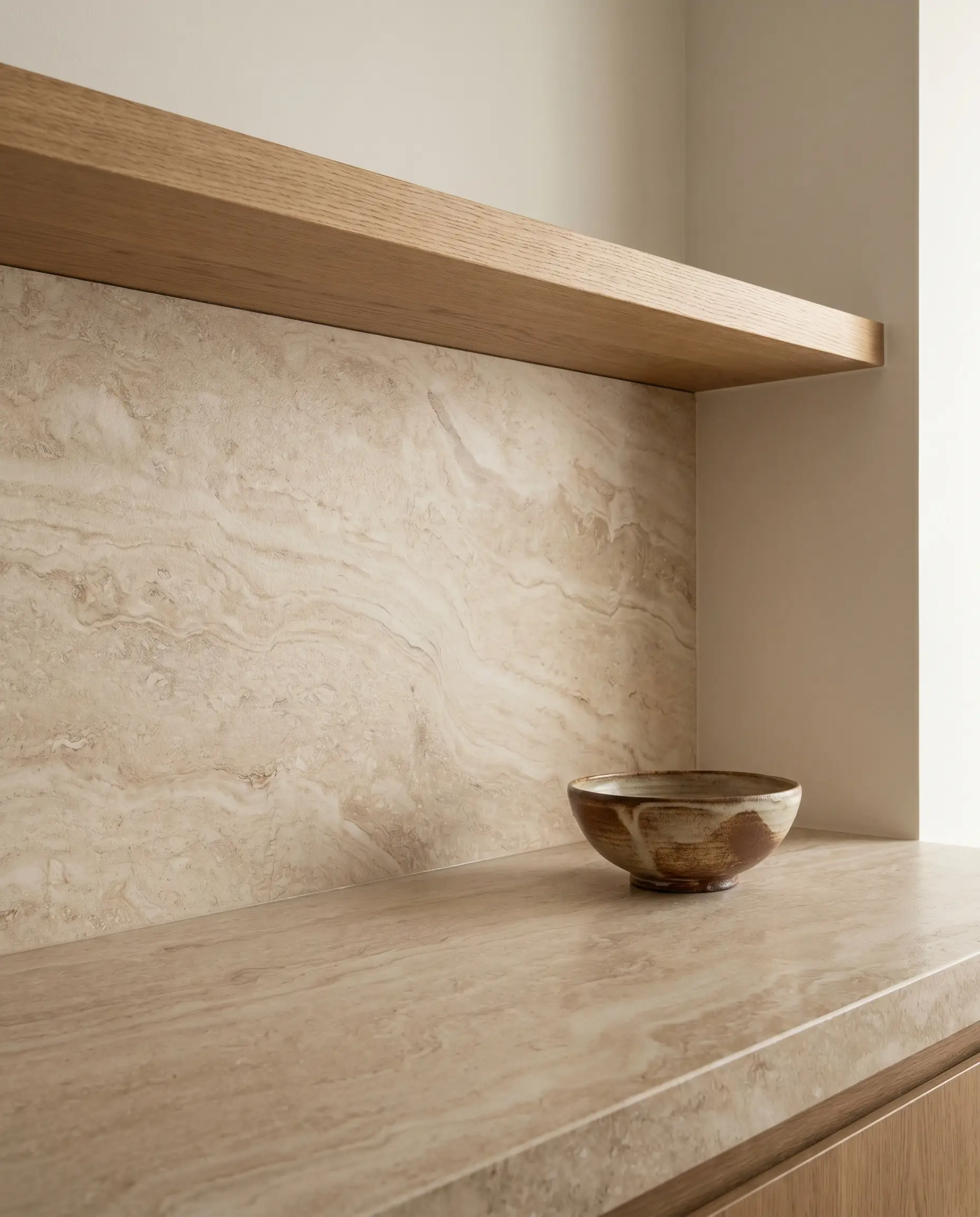 A continuous monolithic slab of leathered travertine serves as a seamless kitchen backsplash terminating beneath a floating rift-sawn oak shelf.