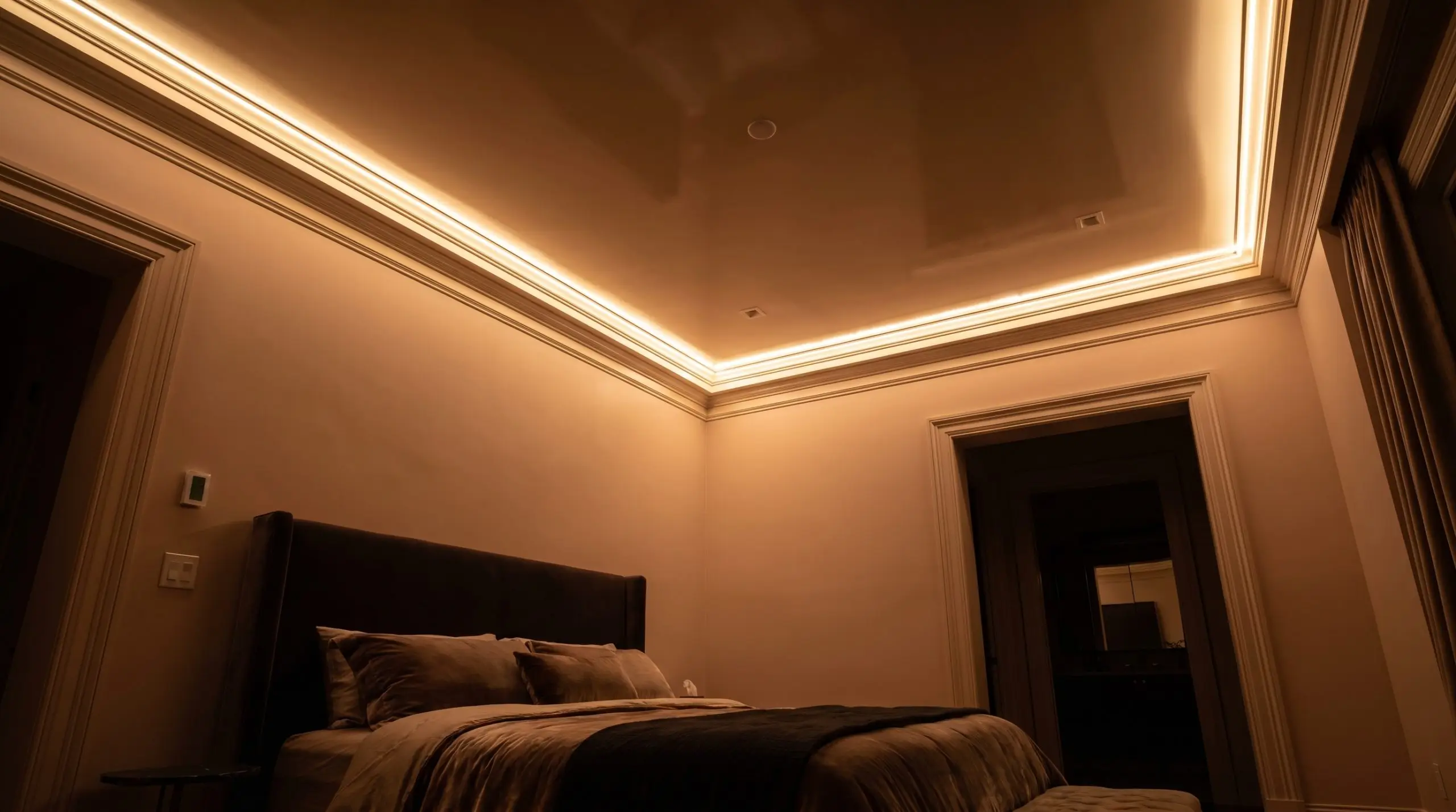 Warm LED cove lighting hidden inside custom crown molding washes down matte blush walls toward a velvet headboard and high-gloss ceiling.