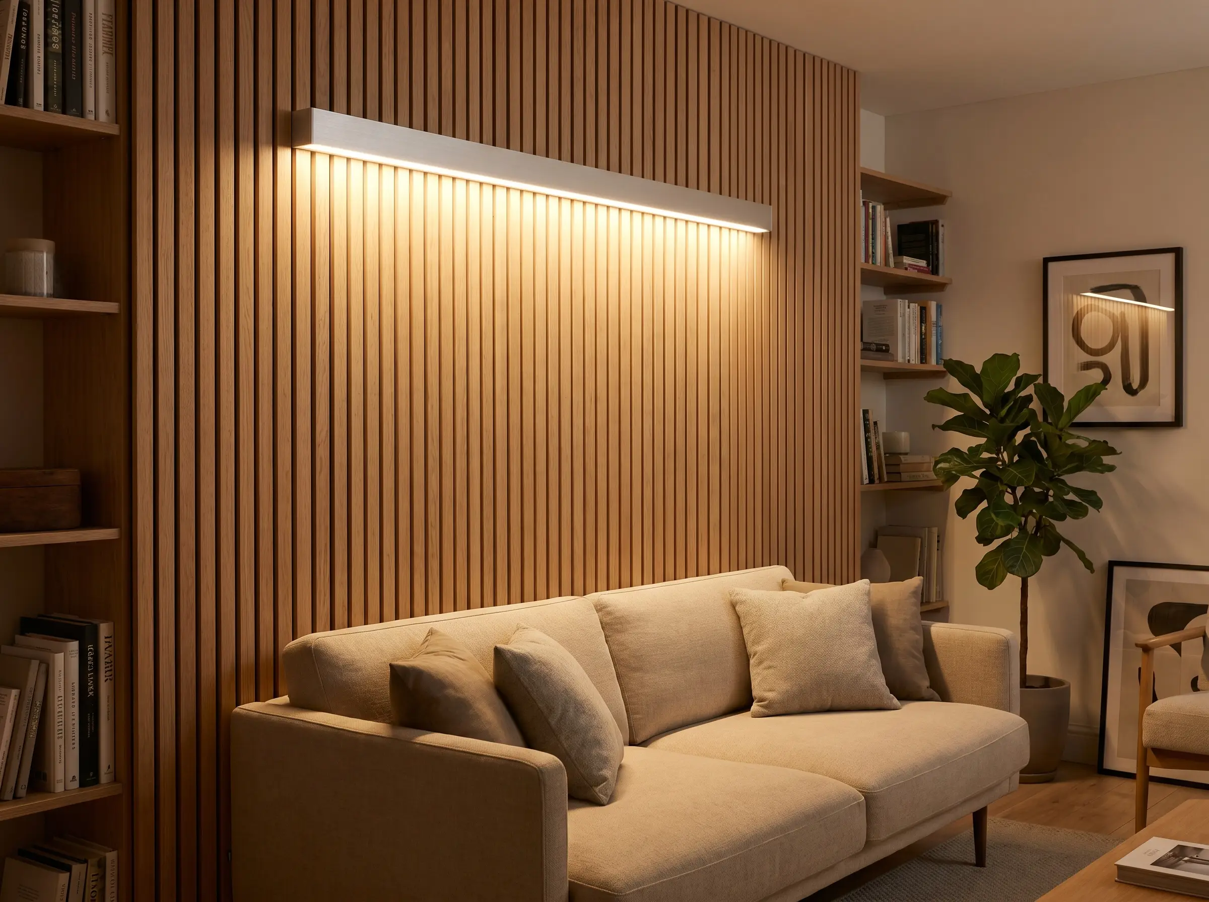 An aluminum LED channel extrusion with a frosted polycarbonate diffuser casts a warm glow asymmetrically across an oak veneer wood slat wall.