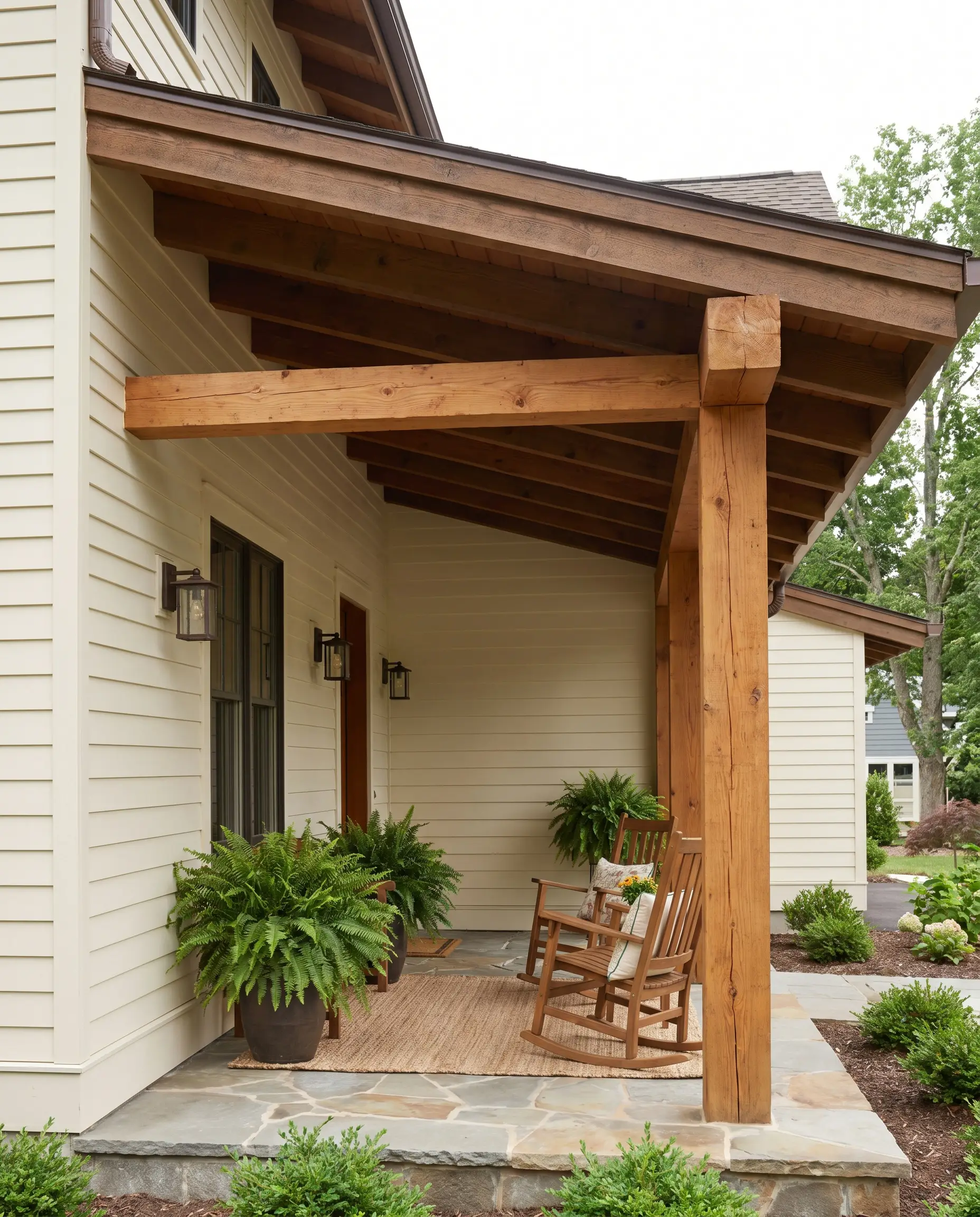 Smooth cream lap siding provides a soft backdrop for thick rough-sawn Douglas Fir structural beams and exposed rafter tails under the soffit.