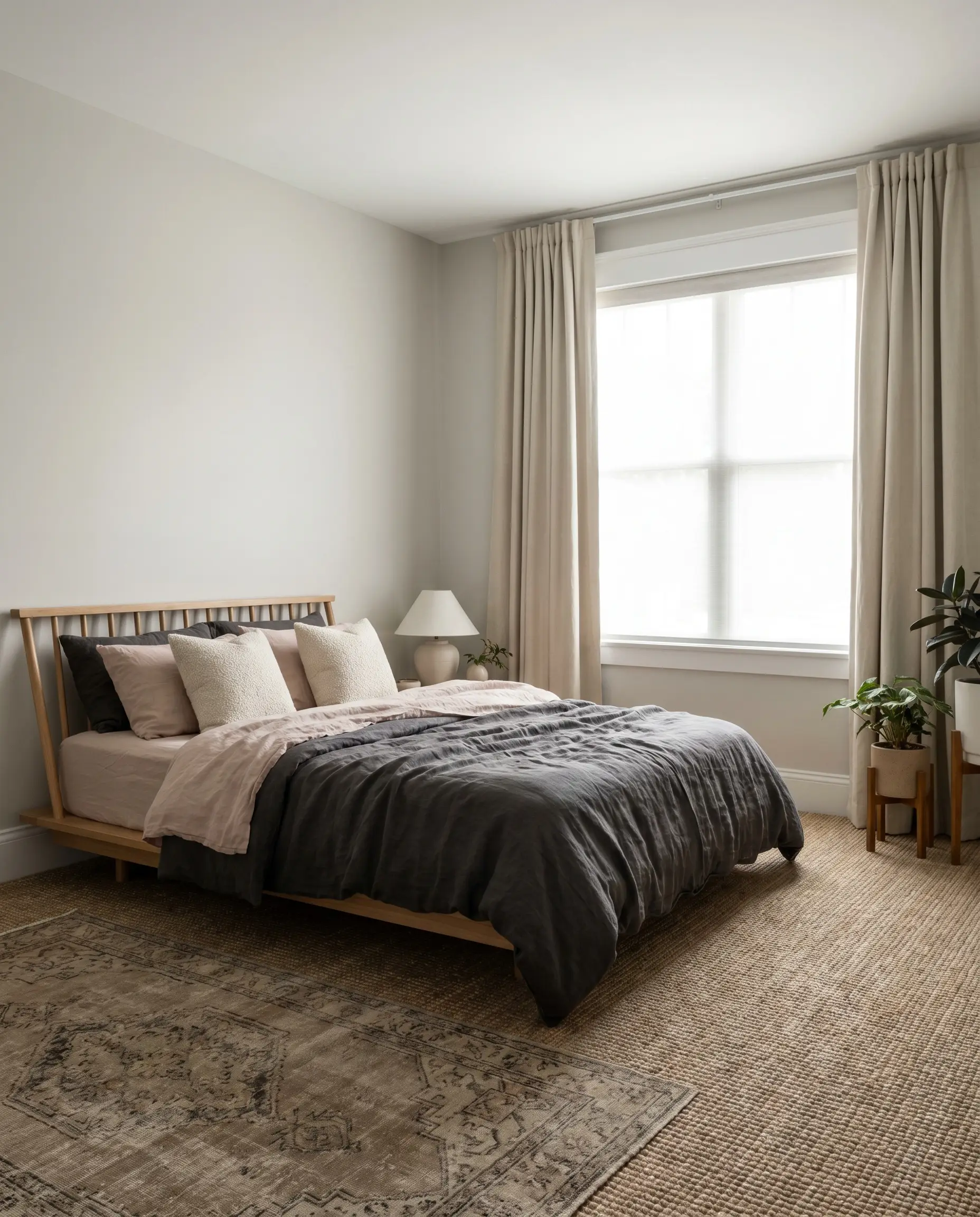 Layered washed linen sheets and boucle accent pillows dress a low-profile wood spindle bed against a cool-toned architectural finish.