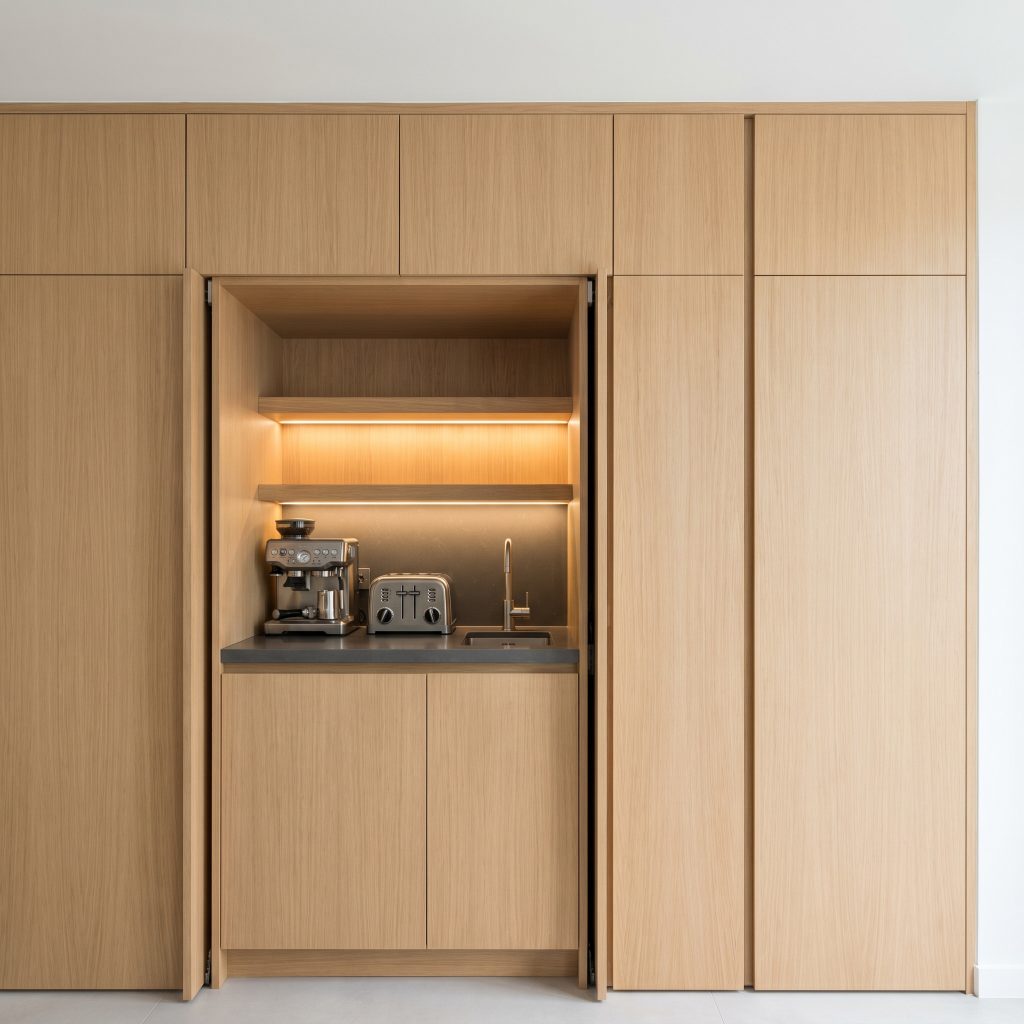 Bi-fold pocket doors retract to reveal a hidden kitchen prep station featuring a stone counter, oak shelving, and integrated appliances.
