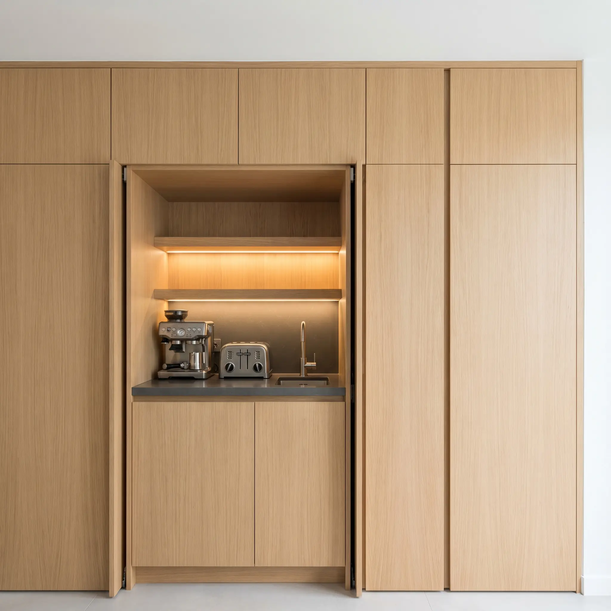 Bi-fold pocket doors retract to reveal a hidden kitchen prep station featuring a stone counter, oak shelving, and integrated appliances.