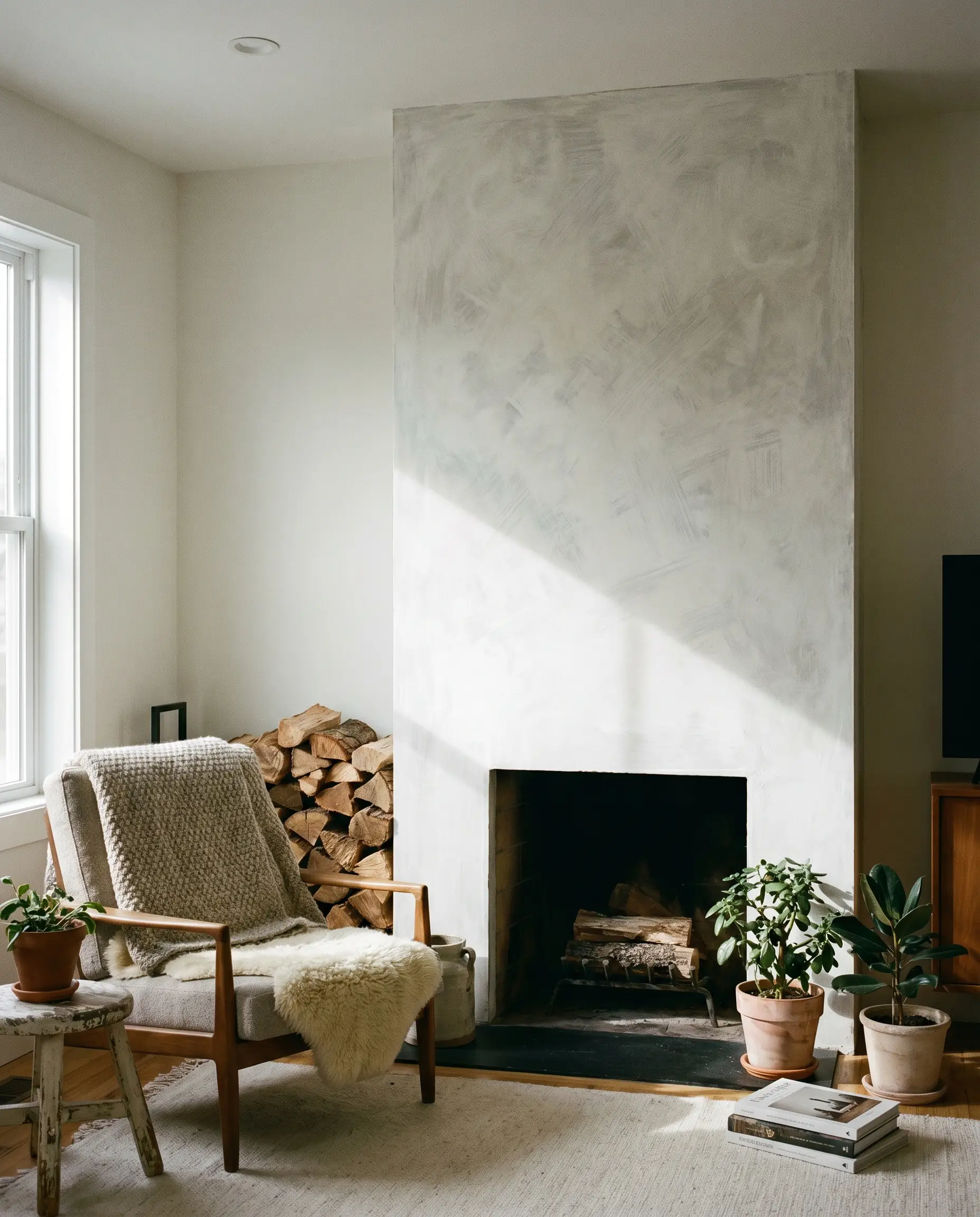 A cozy lounge chair sits beside a monolithic limewash fireplace feature wall displaying cloudy matte cross-hatch brushstrokes without a traditional mantel.