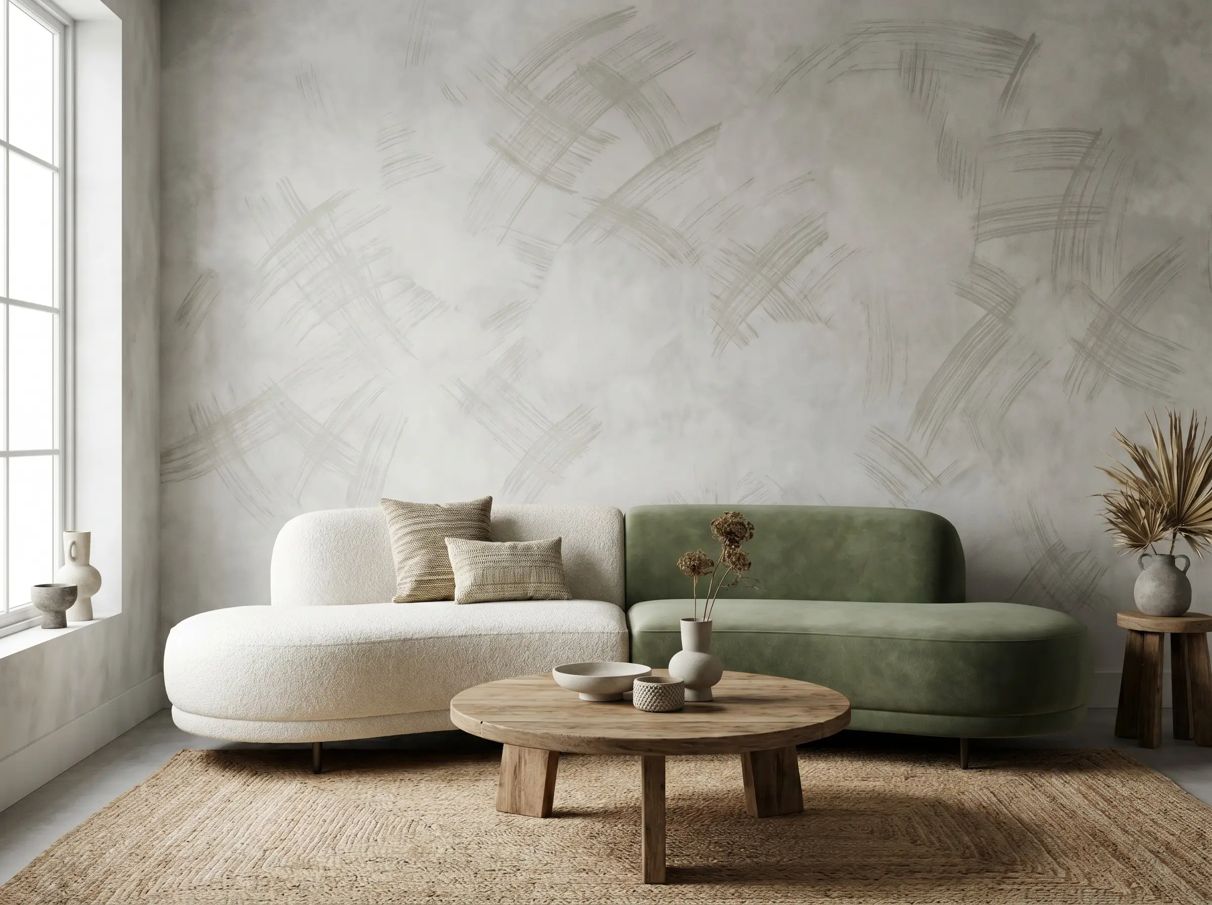 A textured boucle and matte velvet curved sofa floats behind a round wood coffee table, mirroring the organic brushstrokes of cloudy limewash walls.