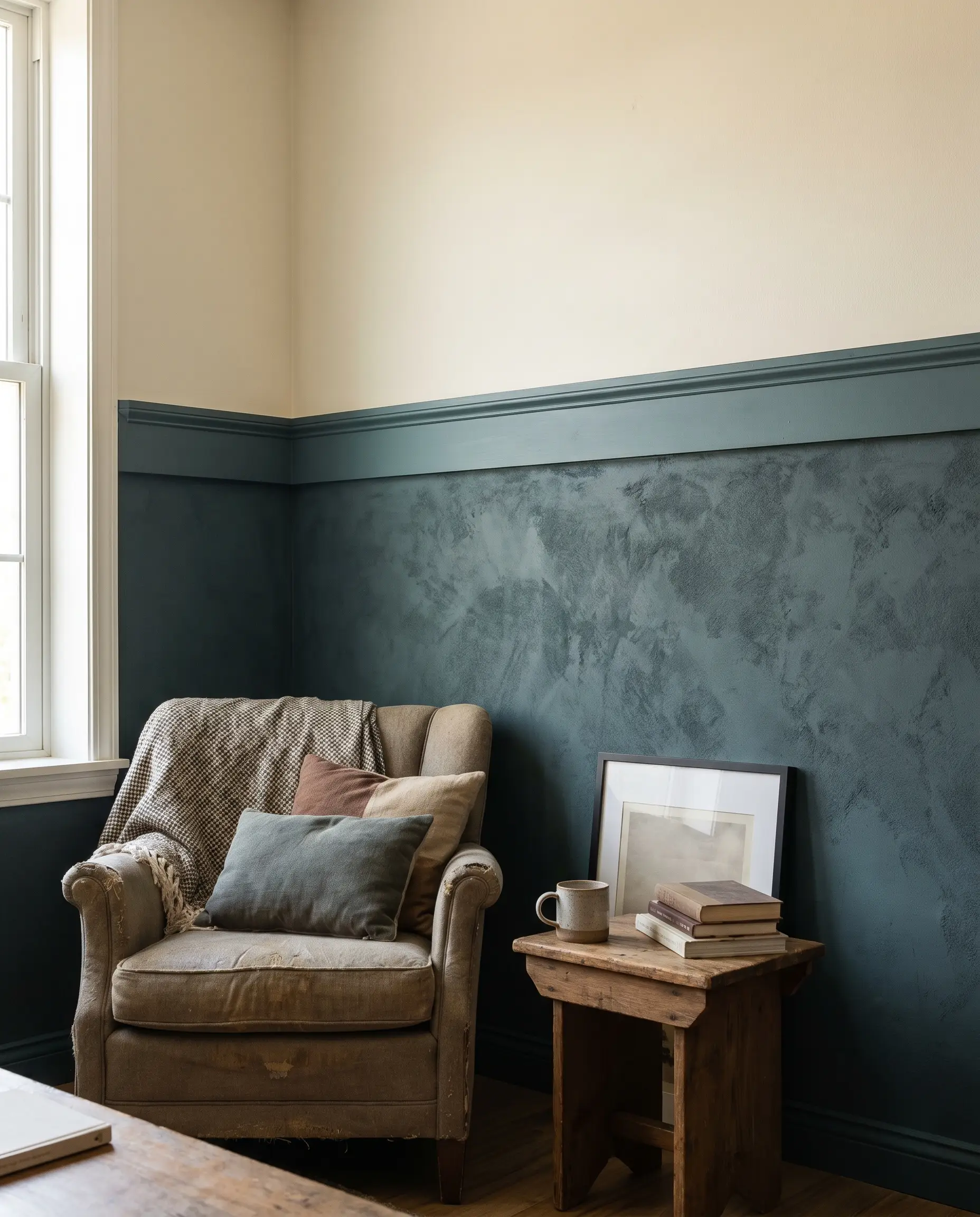 A solid wood chair rail separates light flat drywall from a deep, heavily textured mineral limewash wainscoting behind a cozy accent chair.