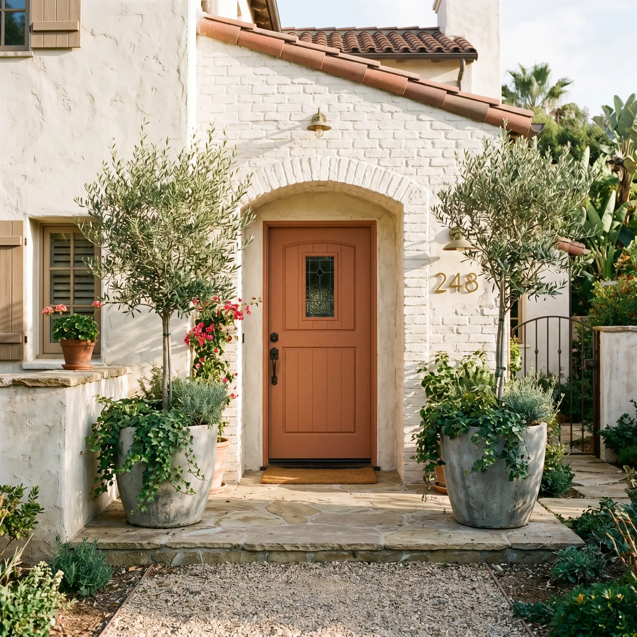A dusty blush mid-tone orange front door stands out against heavily textured warm-white limewashed brick walls and oversized raw concrete planters.