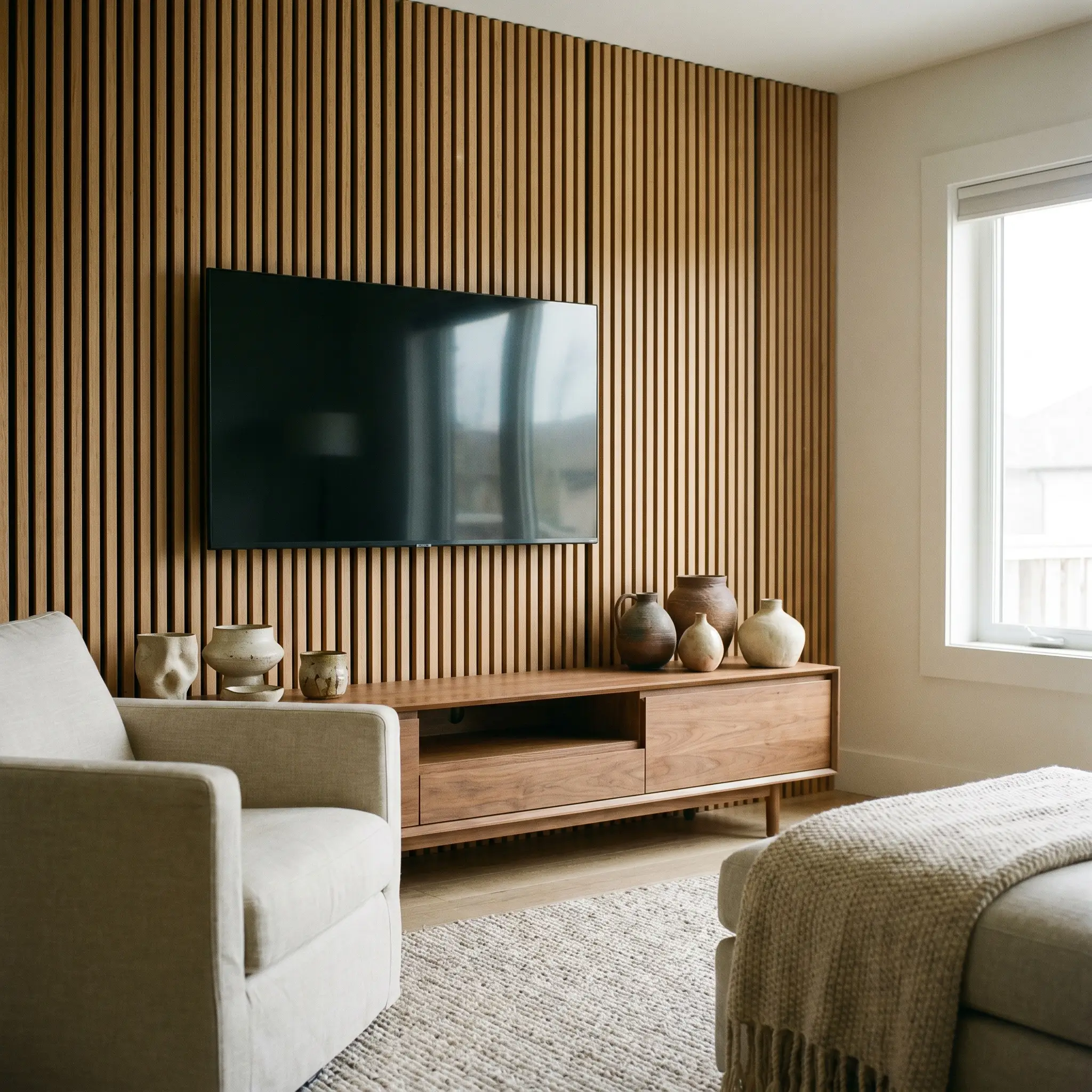 A highly rigid, linear wood slat wall serving as a sleek television backdrop is intentionally disrupted by a cluster of curved, imperfect wabi-sabi ceramics.