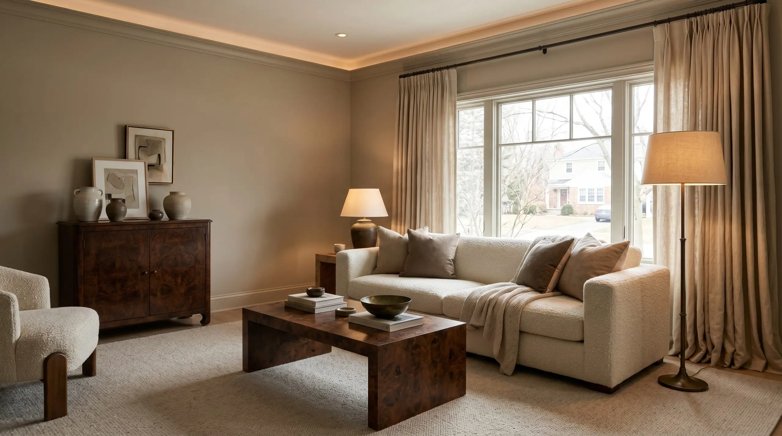 Heavy natural linen drapery and a highly textured cream bouclé sofa create a tactile retreat against a historic greige architectural finish.