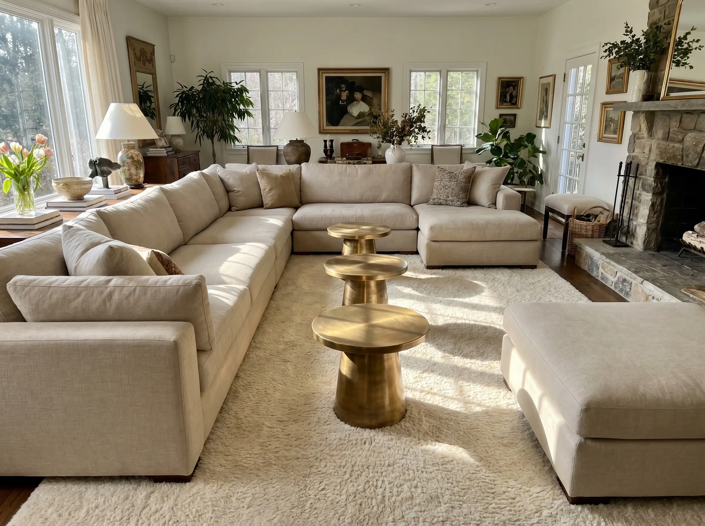 Three heavy-based unlacquered antiqued brass drink tables stagger around a massive U-shaped seating area on top of a plush rug.