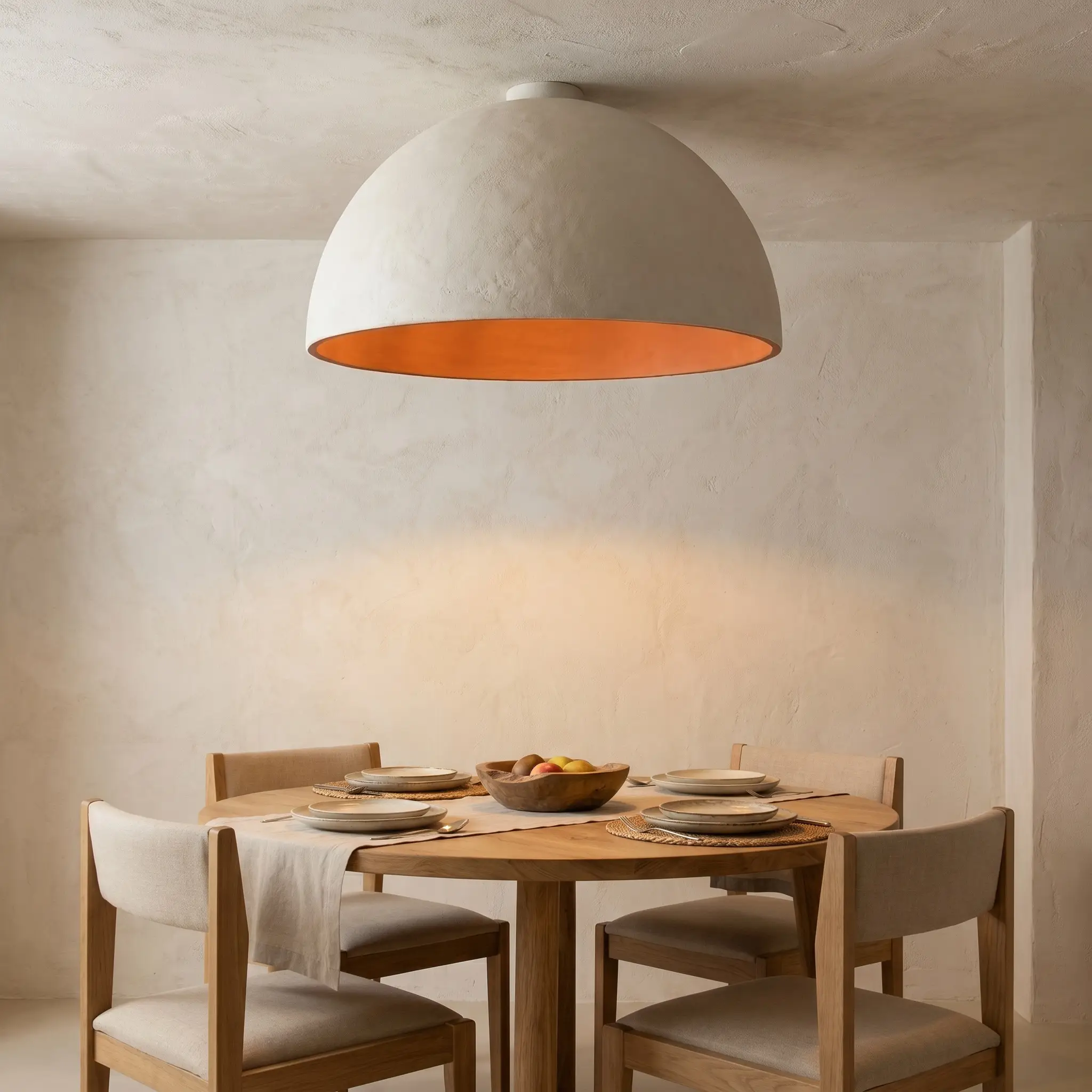 A hand-troweled matte ceramic plaster dome semi-flush mount hangs just inches above a solid oak dining table and minimalist linen dining chairs.