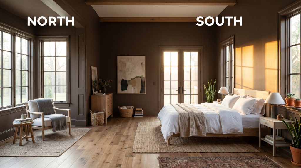 A continuous grand bedroom with a bleached oak bed frame and crisp white bedding demonstrates Behr Baronial Brown (Hex #5a4840) shifting from a flat earthy brown in cool Northern light to golden-orange in warm Southern exposure.
