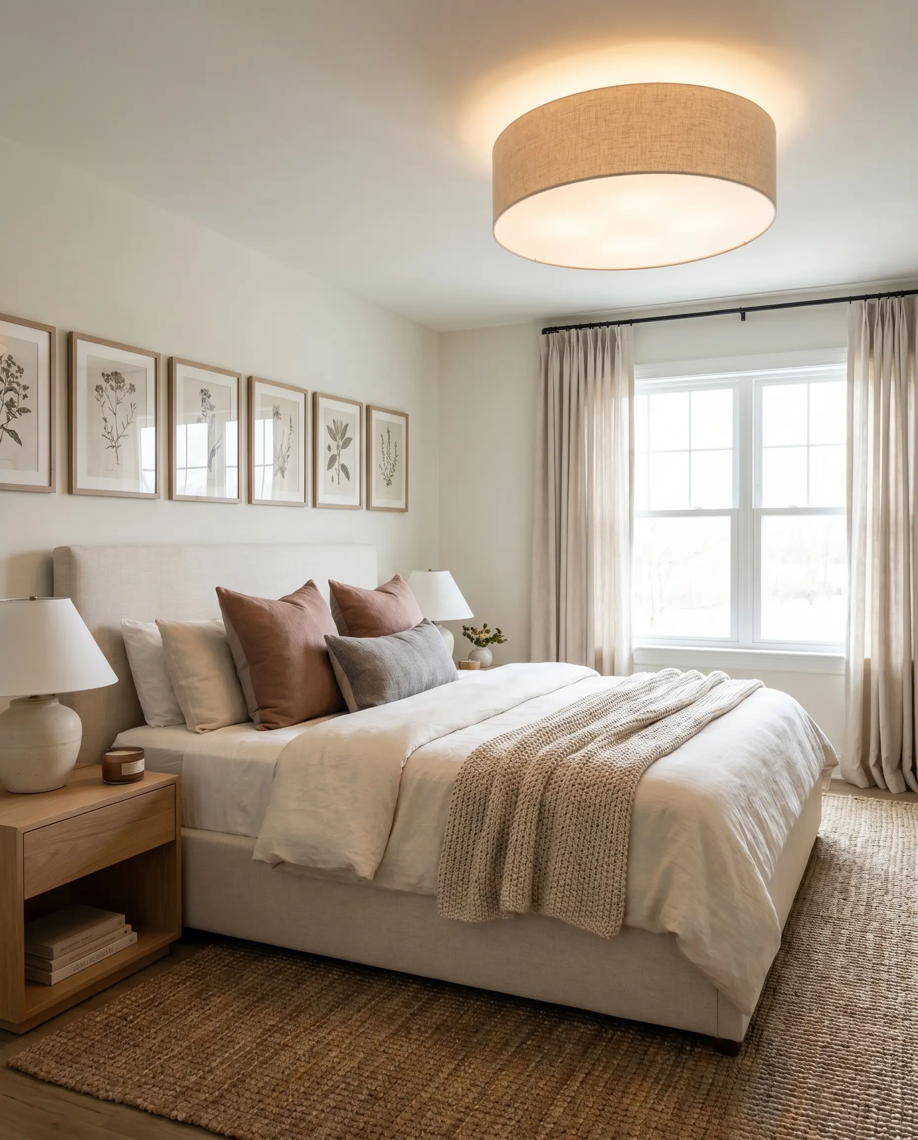 A shallow natural linen drum semi-flush mount acts as statement lighting for low ceilings over a primary bedroom featuring a plush upholstered bed and oak nightstand.