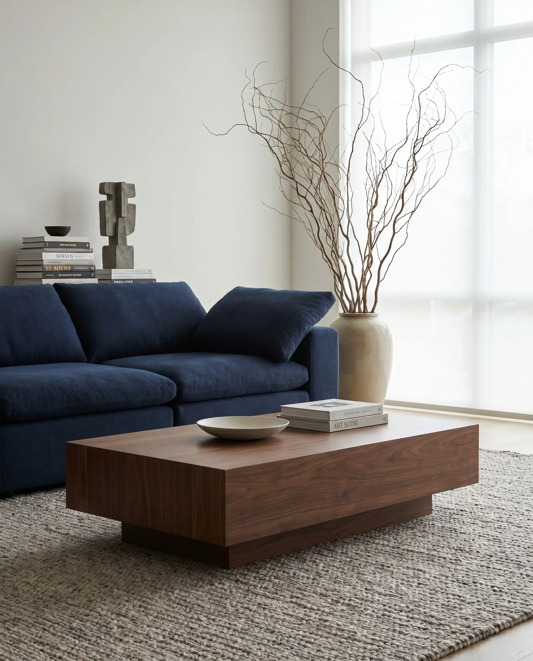 A low-profile plinth base coffee table sits just below the seat height of a contemporary low-slung cloud-style navy blue sectional sofa.