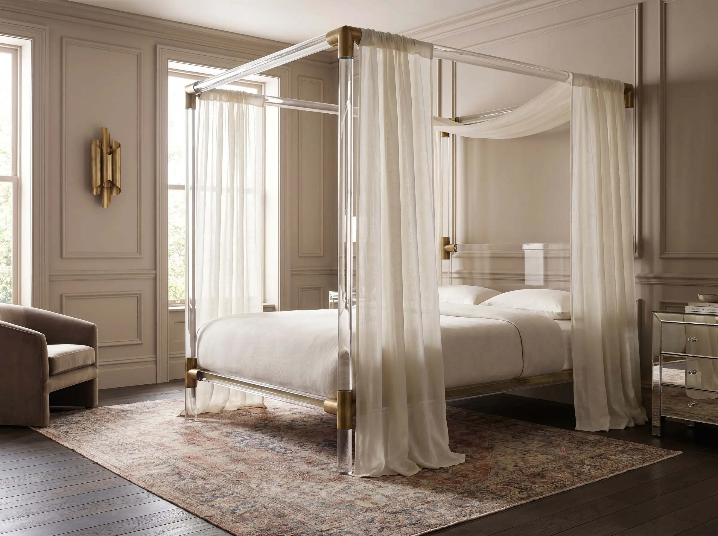 A lucite and brass canopy bed centers this luxury pink girl bedroom design featuring Benjamin Moore First Light walls and a vintage Oushak rug.