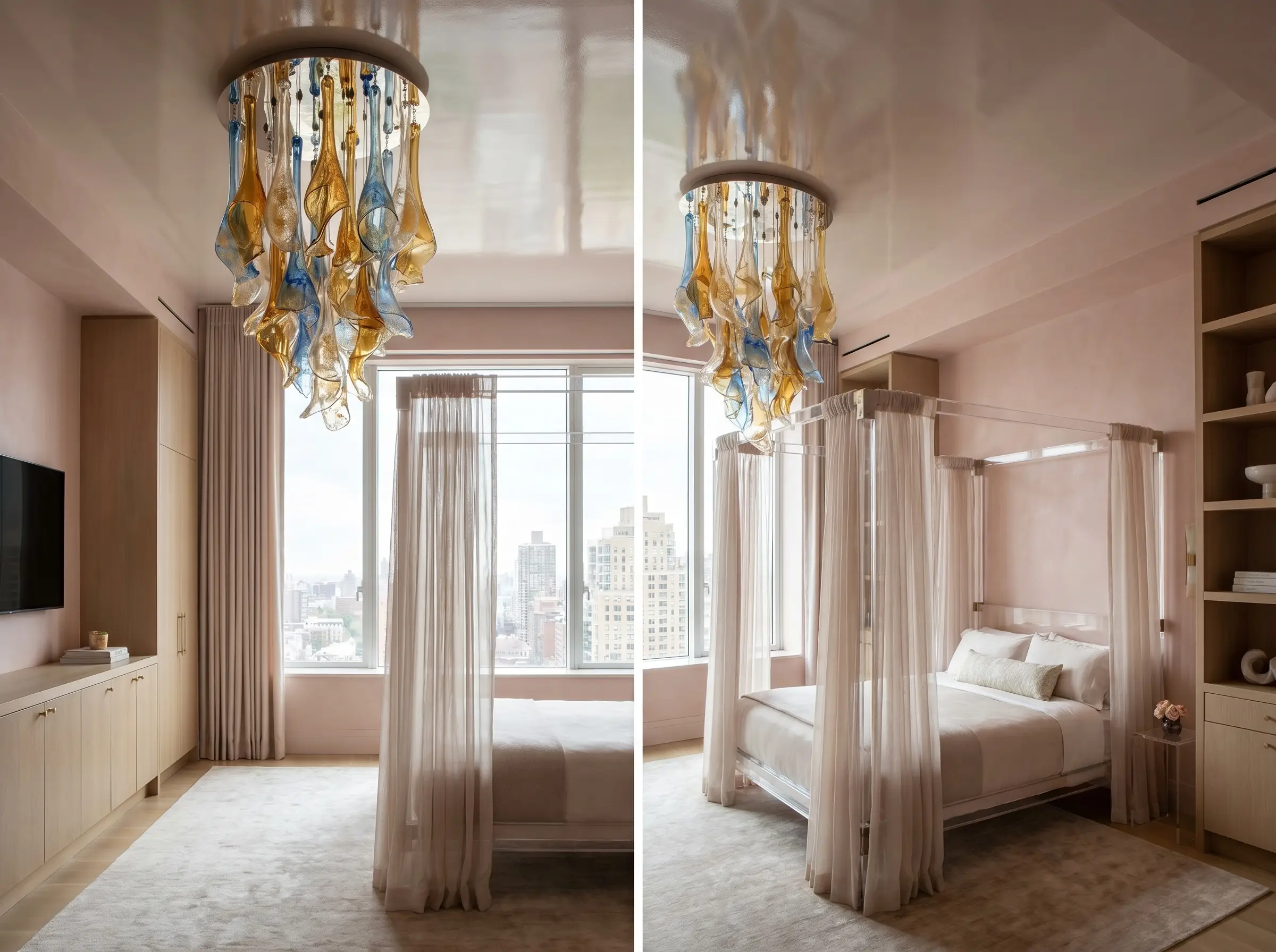 A hand-blown Murano glass chandelier hangs from a high-gloss ceiling above a lucite canopy bed in this luxury pink girl bedroom design.