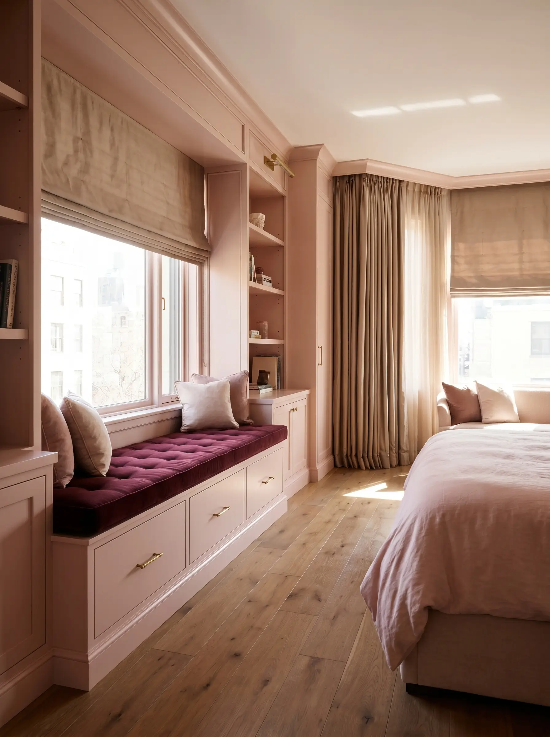 A bespoke blush millwork window seat features a custom-tufted burgundy cushion and heavy silk Roman shades over wide-plank oak floors.