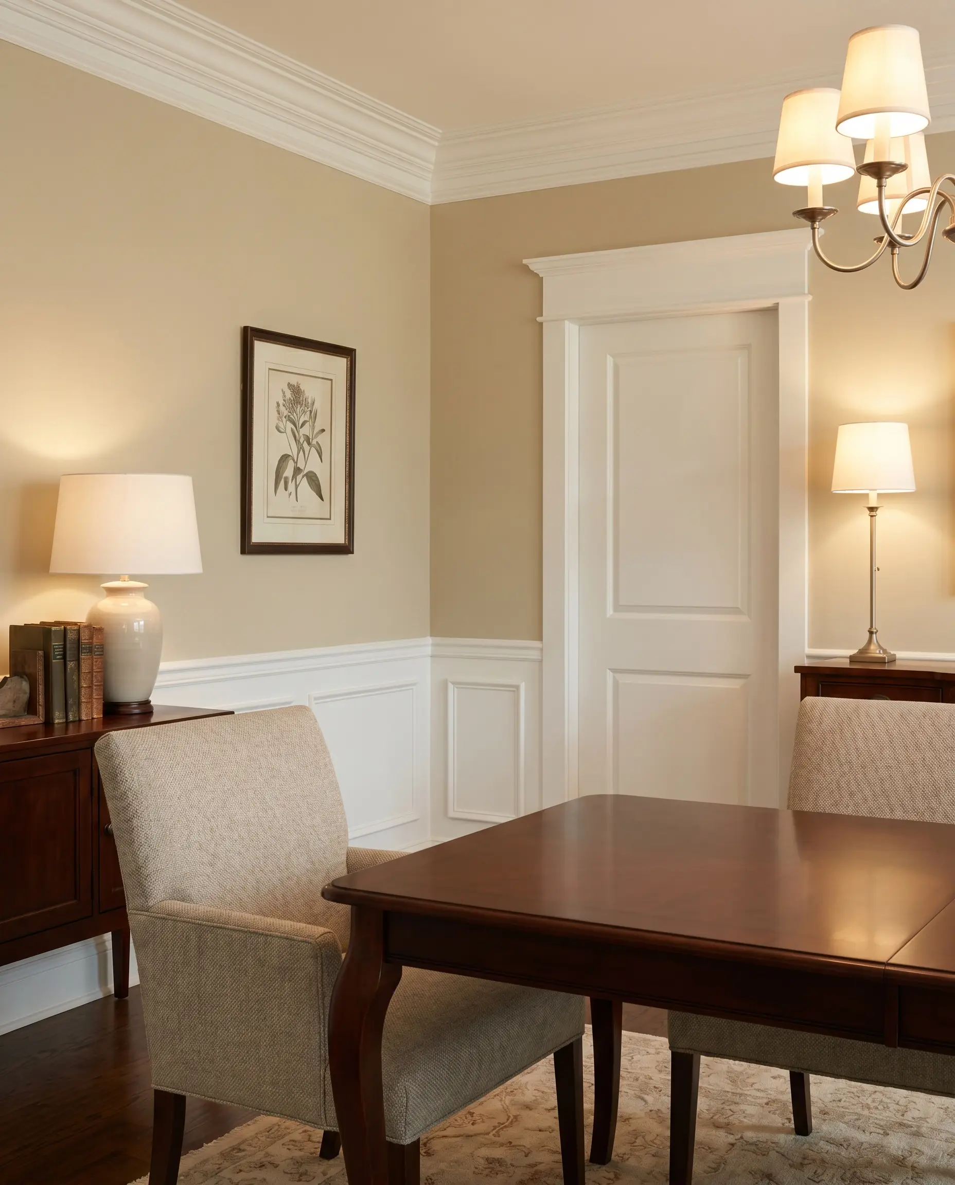 Crisp white crown molding and wainscoting frame classic khaki walls behind a polished mahogany dining table and elegantly upholstered chairs in a formal space.