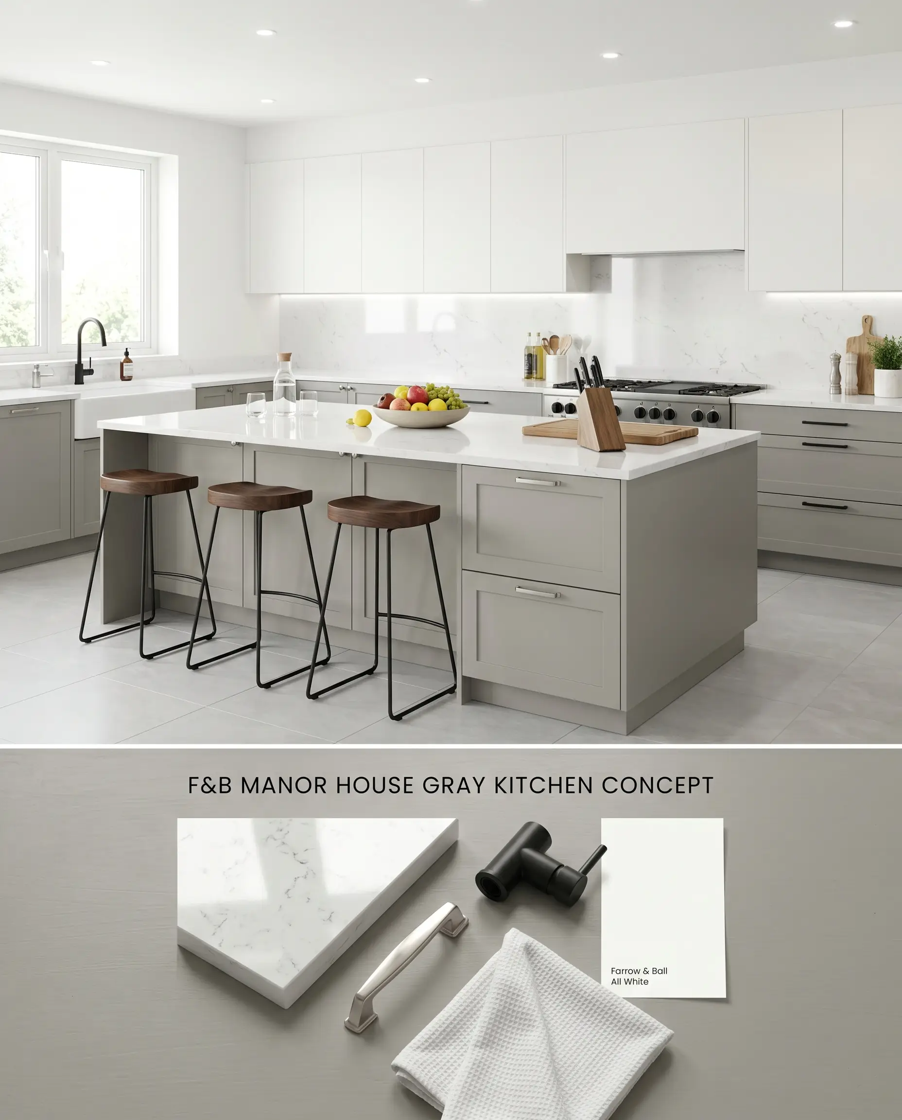 A split digital conceptual board for a tailored kitchen featuring Manor House Gray cabinetry on top, paired with bright quartz, brushed nickel pulls, and a white paint swatch on the bottom section.