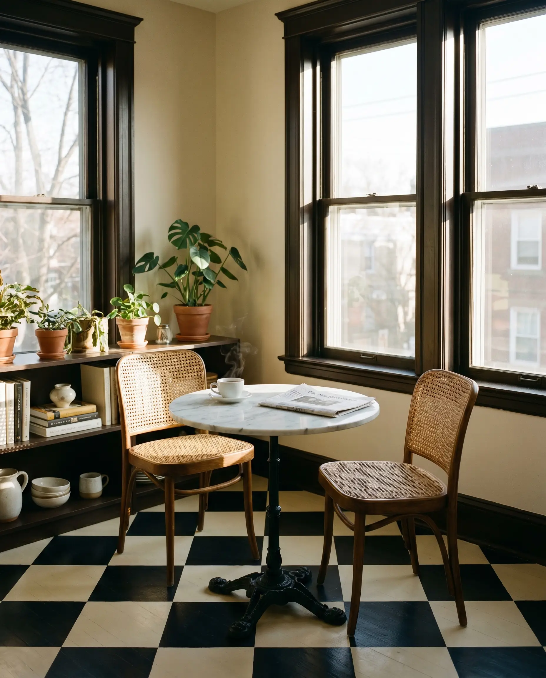 Vintage cane-backed chairs surround a marble-topped bistro table resting on a painted checkerboard floor within a warm off-white breakfast nook featuring espresso brown window sashes.