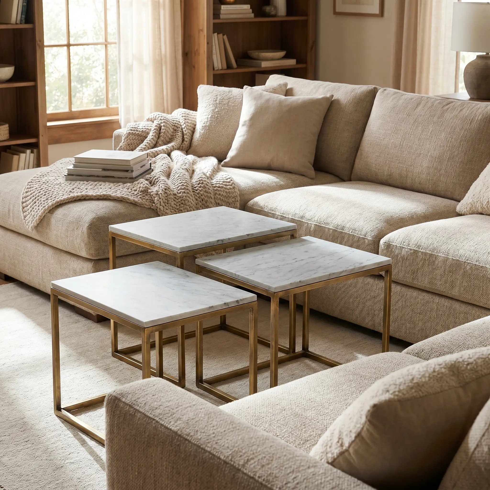 Slightly staggered nested tables featuring icy honed Carrara marble tops and brushed brass framing sit before a warm fabric sofa.