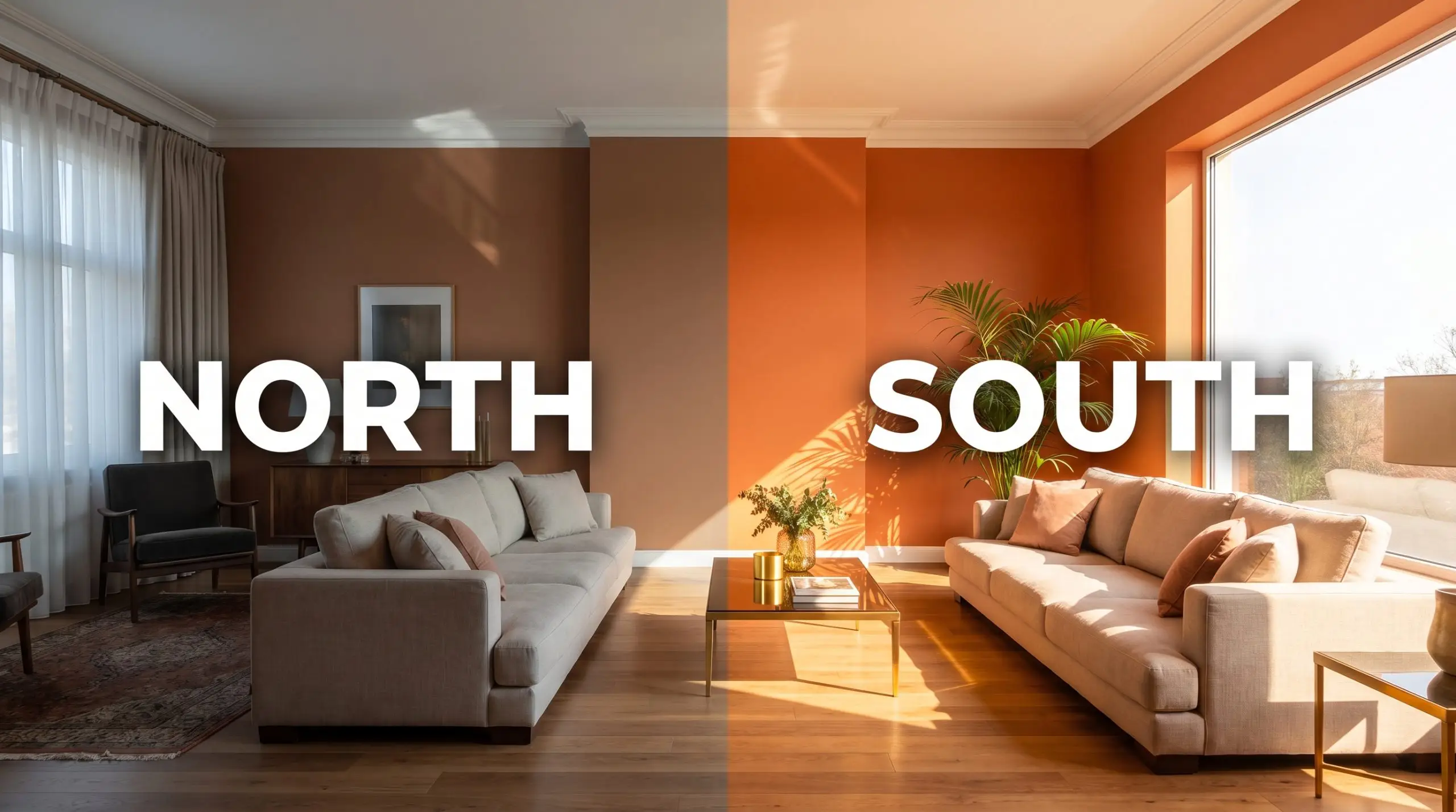 A living room painted in Farrow & Ball Marmelo shifts from subdued historic tones in cool Northern light to a toasty glow in warm Southern exposure.