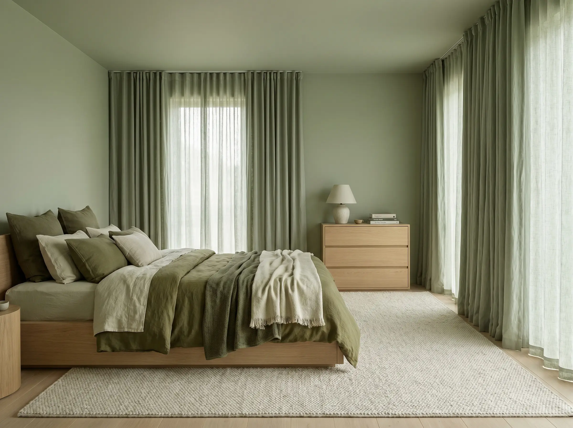 Monochromatic color-drenching features washed linen curtains on a hidden track blending into Benjamin Moore Saybrook Sage walls behind a low-profile platform bed and oak dresser.