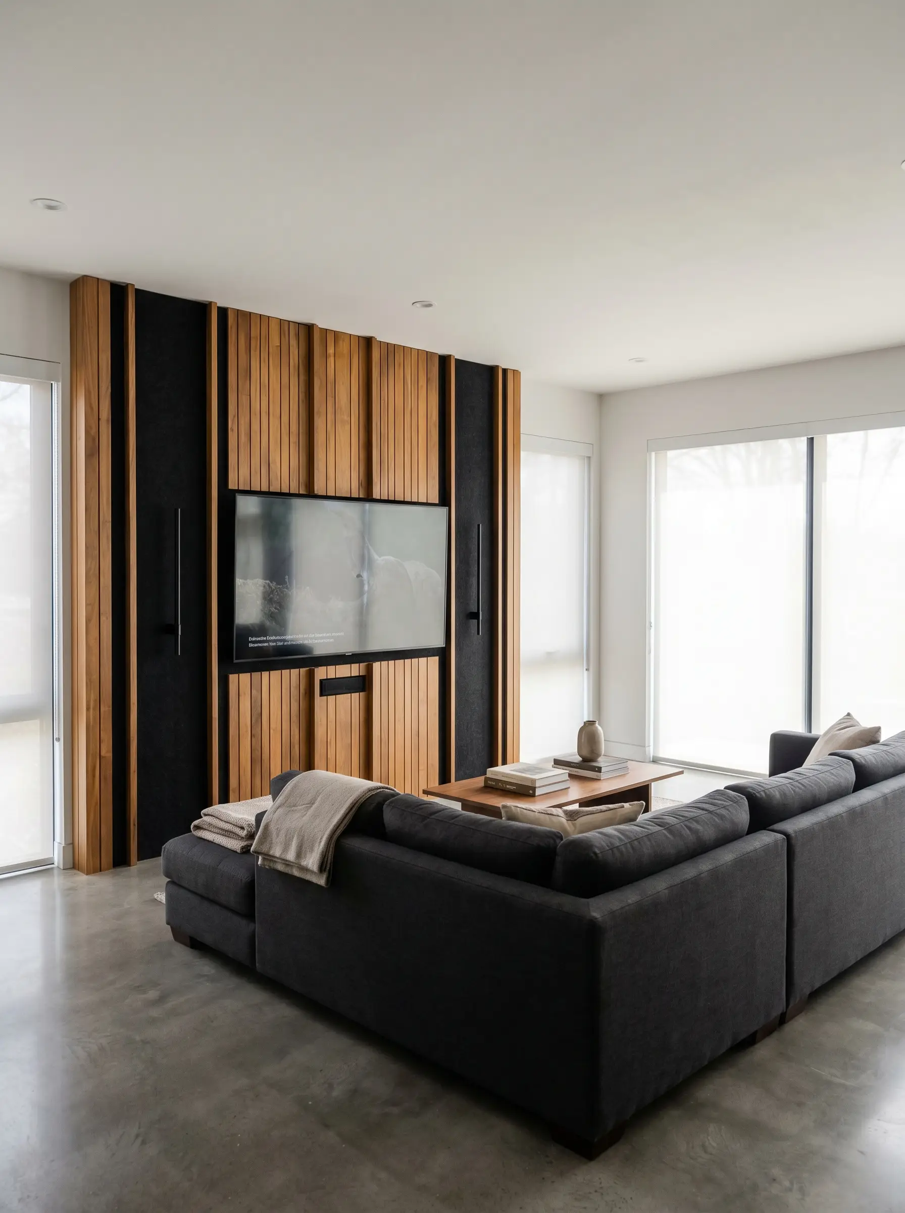Thick matte black acoustic felt backing sits visibly between solid walnut wood battens on a media wall behind a flat-screen television.