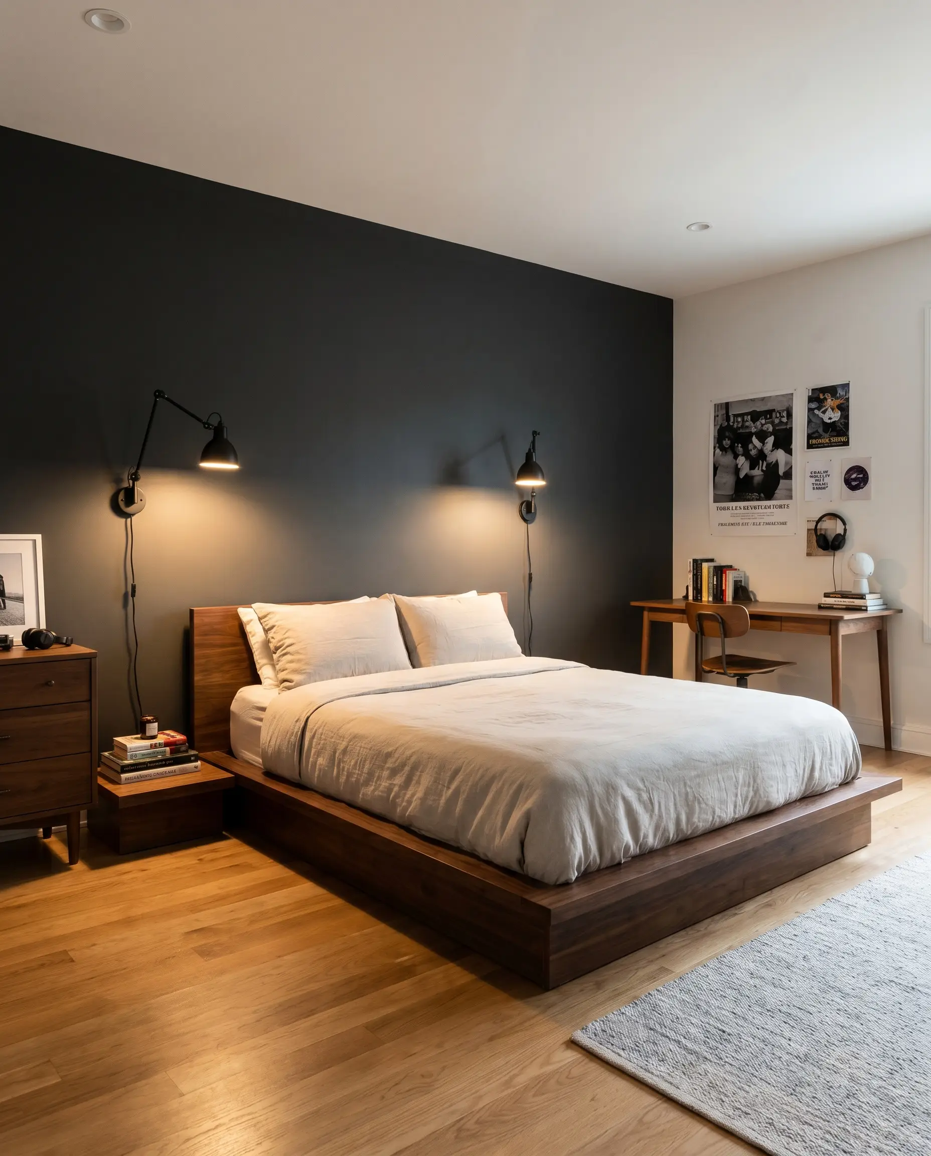 Matte black articulating plug-in sconces mount directly to the dark painted wall on either side of a low-profile platform bed.