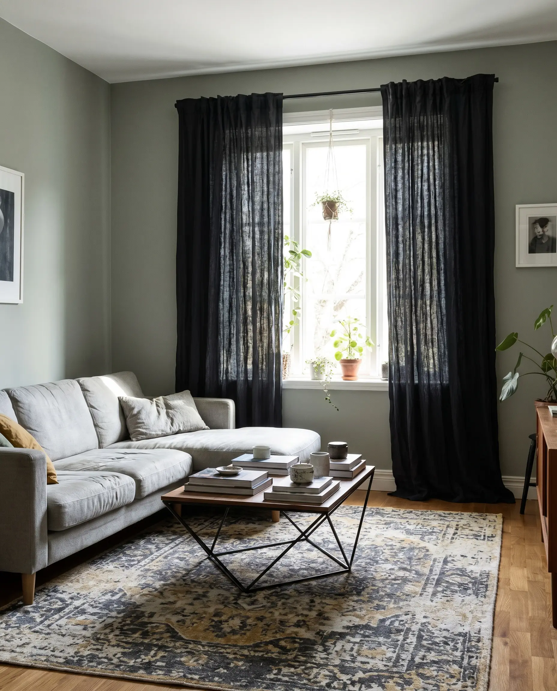 Pre-washed matte black Belgian linen curtains for emerald green walls provide a stark graphic punch behind a light grey sofa and geometric coffee table.