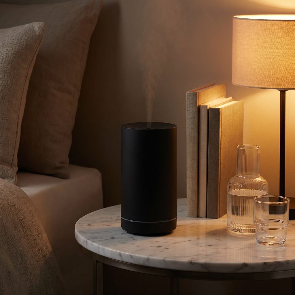 A matte black cold-air diffuser rests on a veined marble nightstand beside linen-bound books and a ribbed glass water carafe.