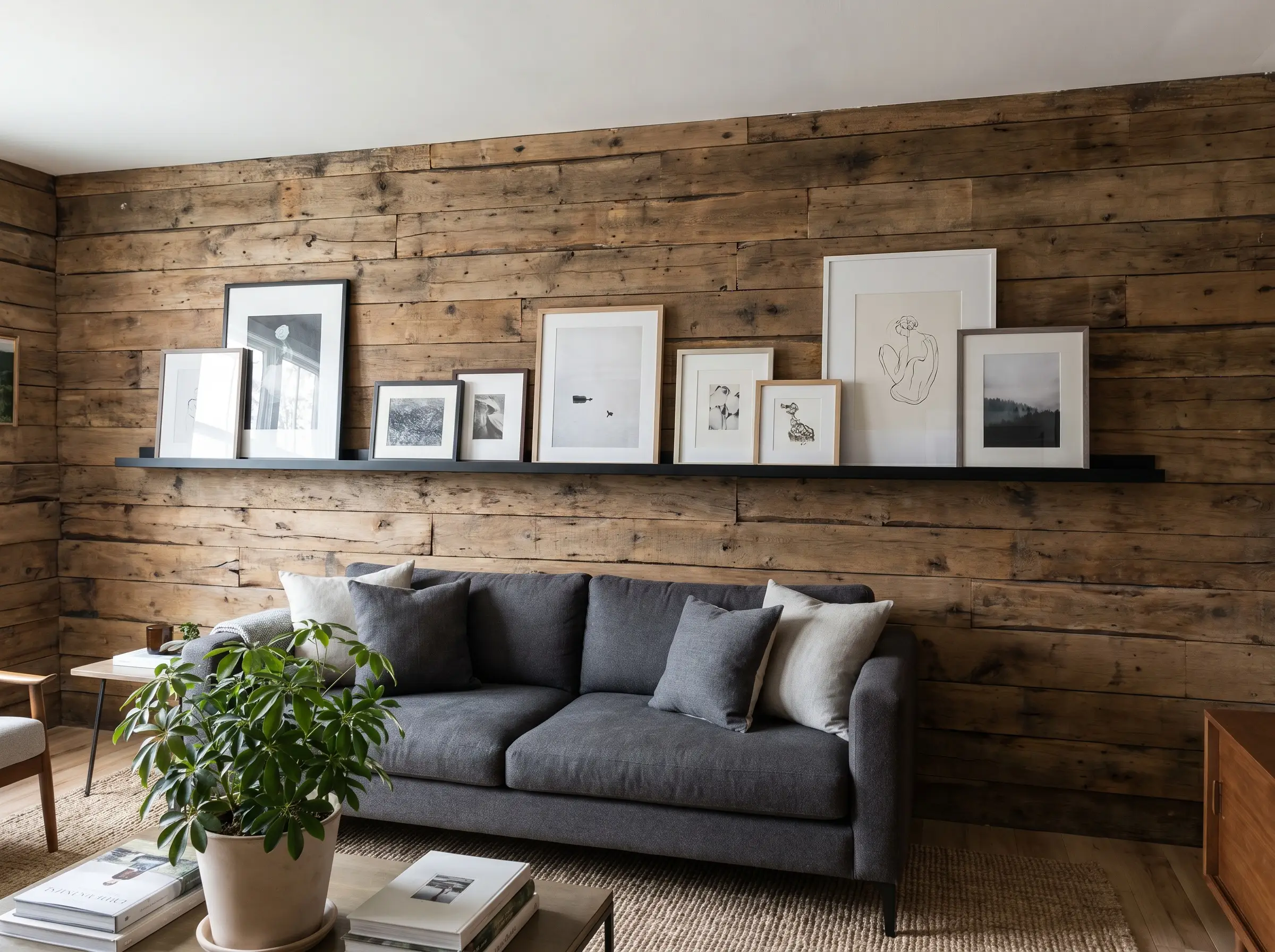 A slim matte black aluminum floating picture ledge mounts straight across a wood slat accent wall behind sofa, displaying dynamically leaning framed artwork.