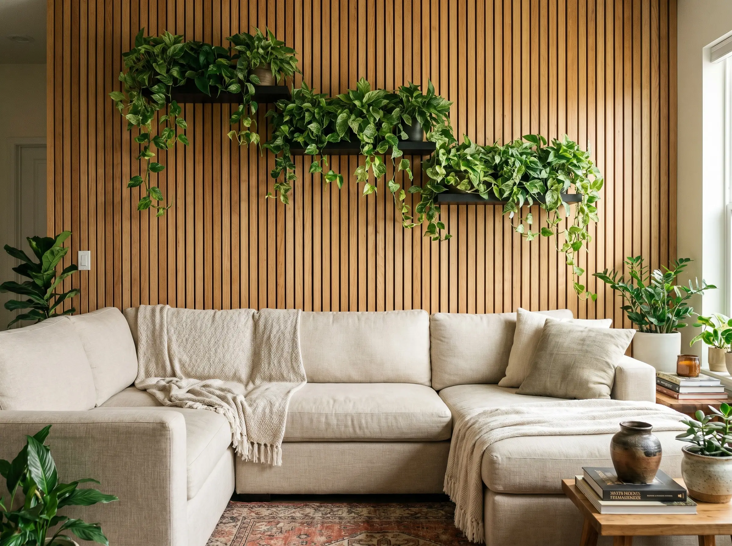 Matte black steel floating shelves stagger diagonally across the upper third of a wood slat wall, holding cascading Marble Queen Pothos plants.