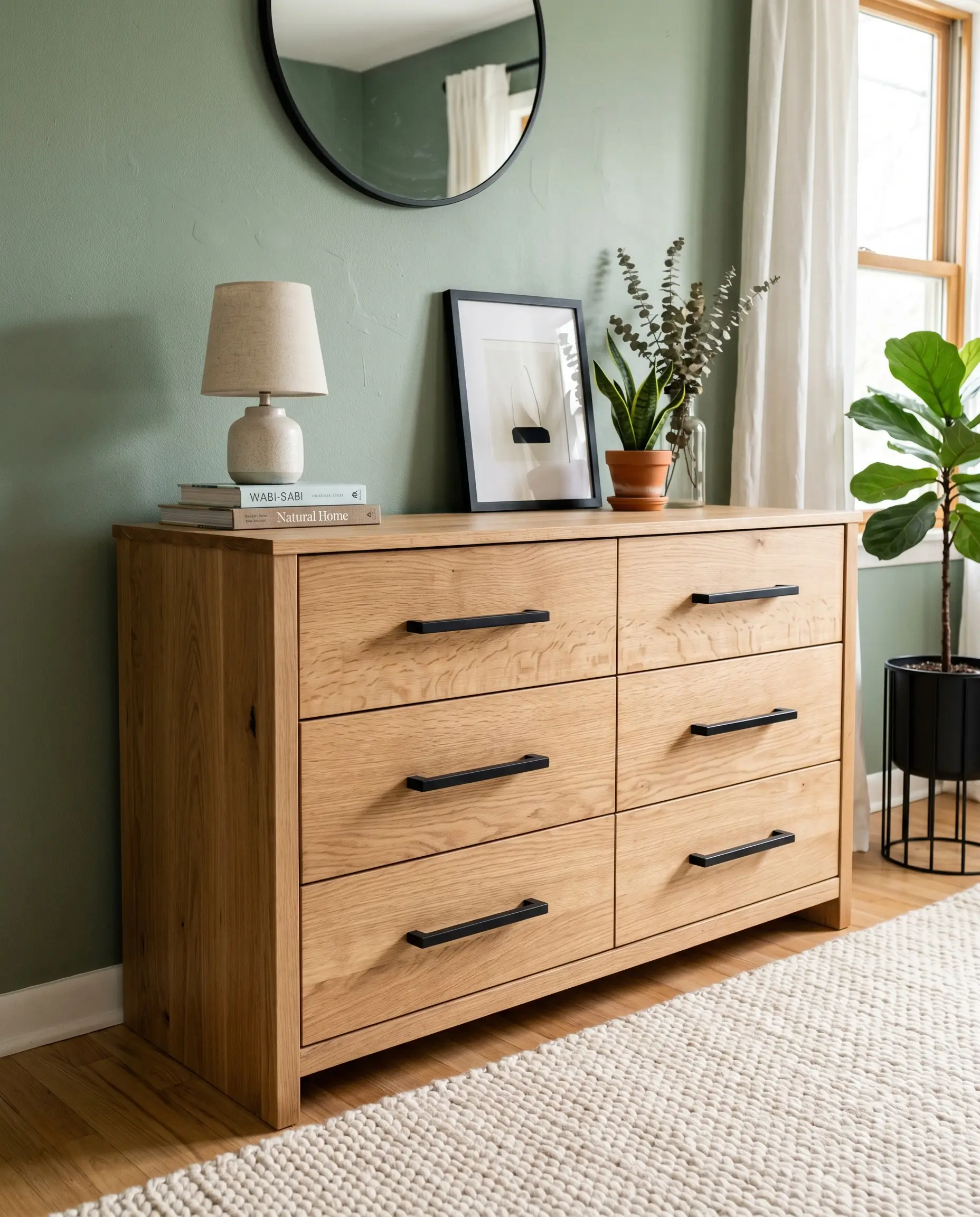 Powder-coated matte black steel drawer pulls provide sharp visual contrast on a rift-sawn white oak bedroom dresser near a cream rug.