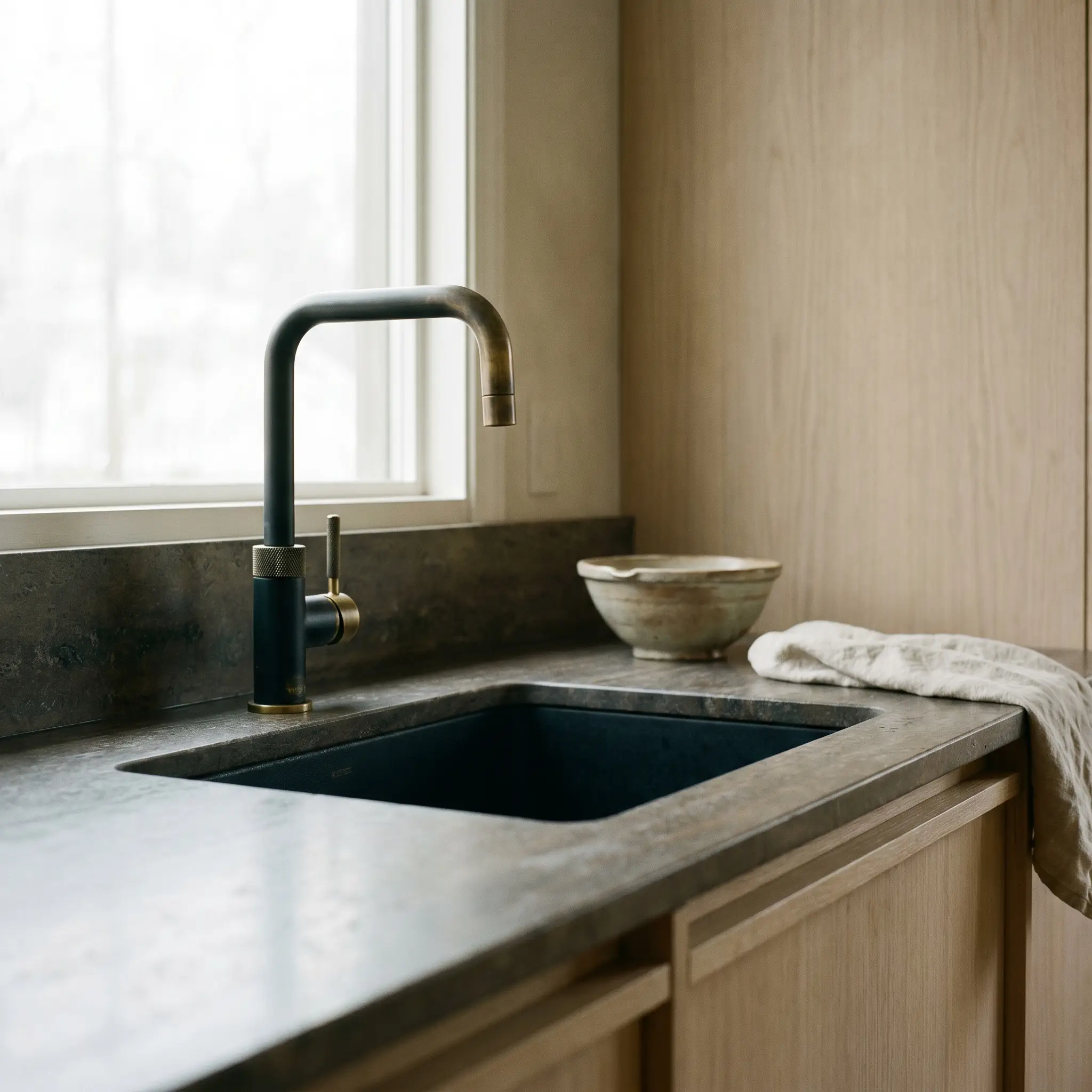 A utilitarian matte black brass kitchen faucet with a knurled handle anchors a seamless integrated sink set into a leathered travertine countertop.