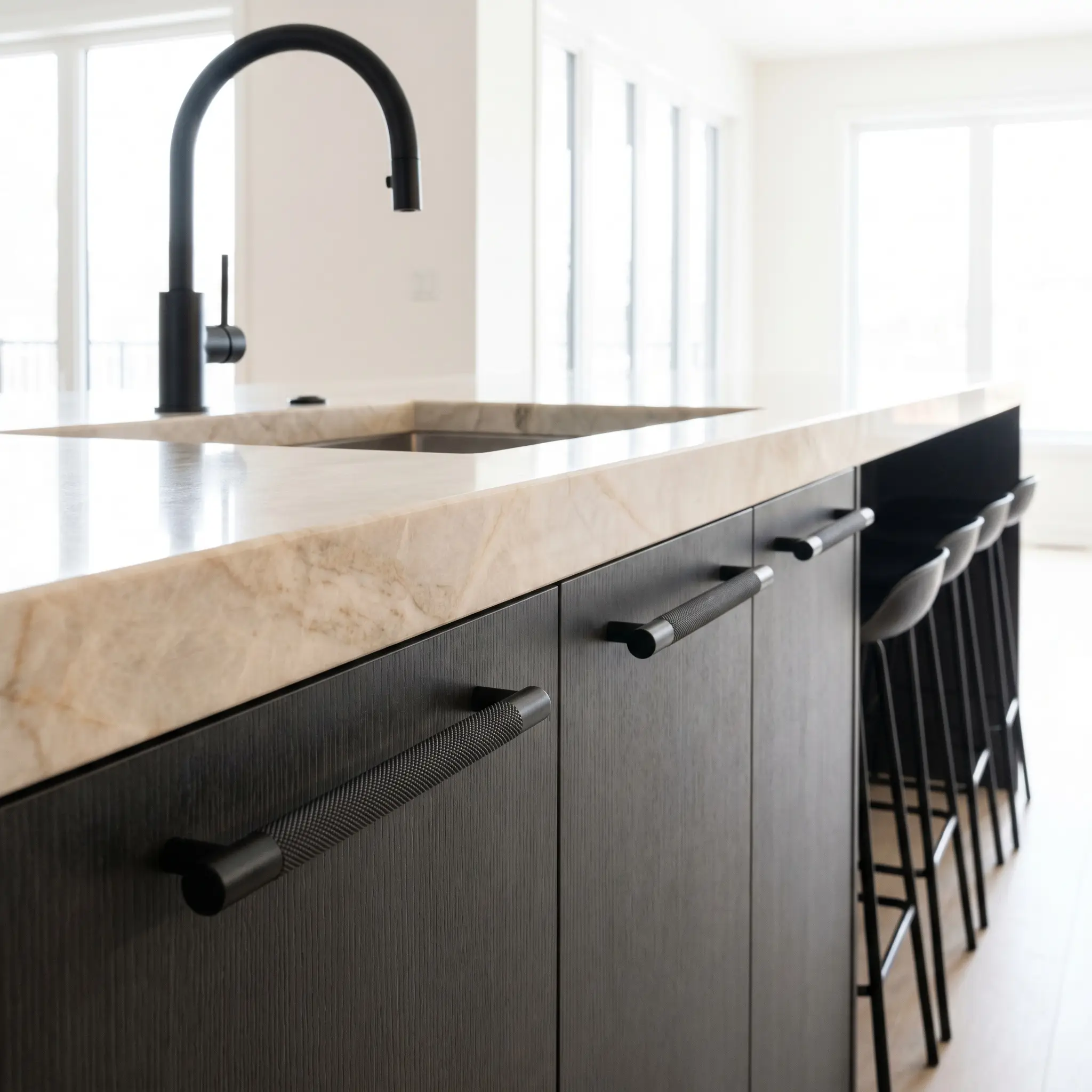 Heavy-knurled matte black drawer pulls and a sleek dark faucet provide sharp high-contrast accents against custom cabinetry and creamy stone.