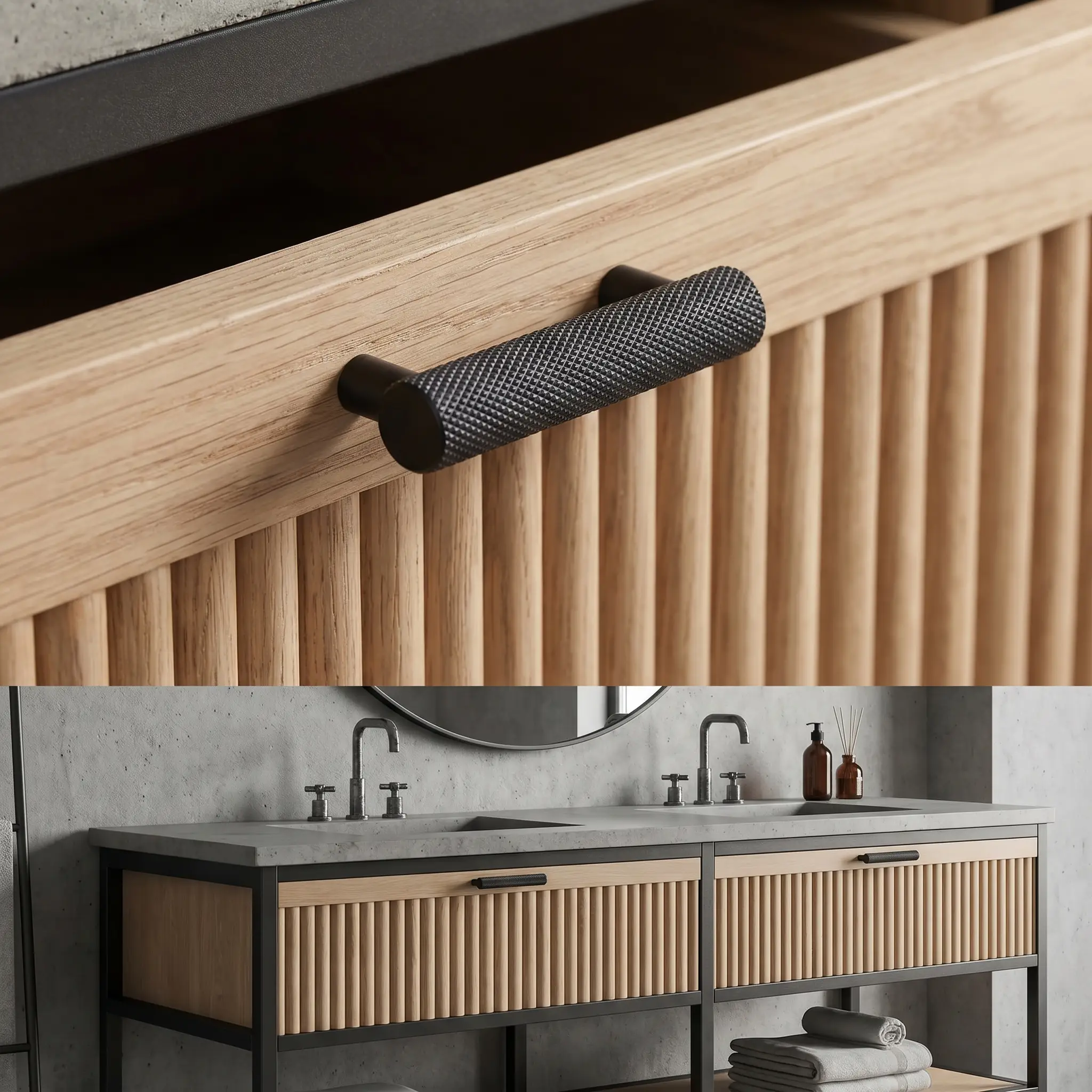 Solid brass knurled pulls with a matte black finish and diamond-patterned grip are mounted horizontally on the flat top rail of a ribbed wood drawer.