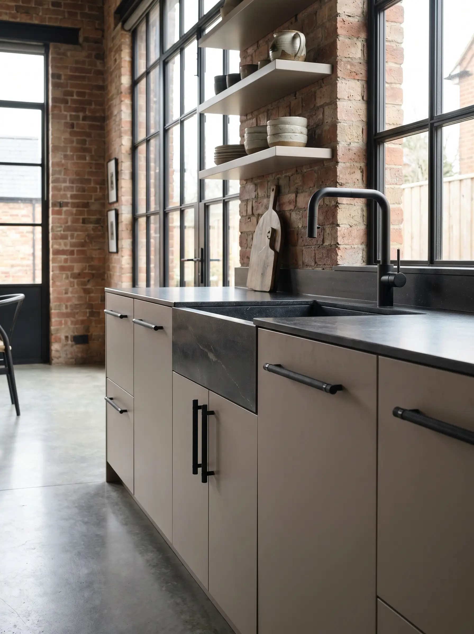 Matte black knurled bar pulls and a matching culinary faucet provide a crisp graphic punch against soft taupe cabinetry and a sleek sink.