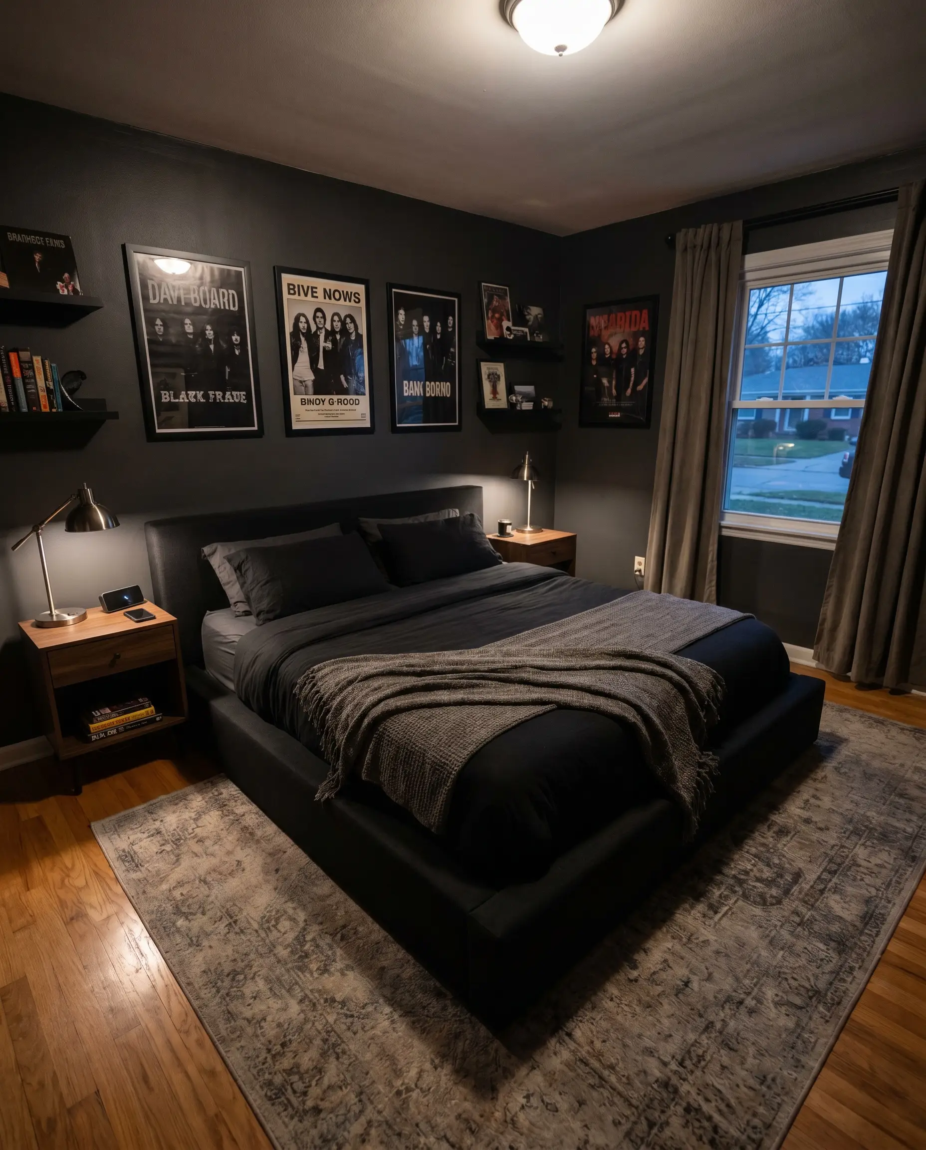 A matte black linen upholstered low-profile platform bed anchors the space between two nightstands against dark charcoal walls.
