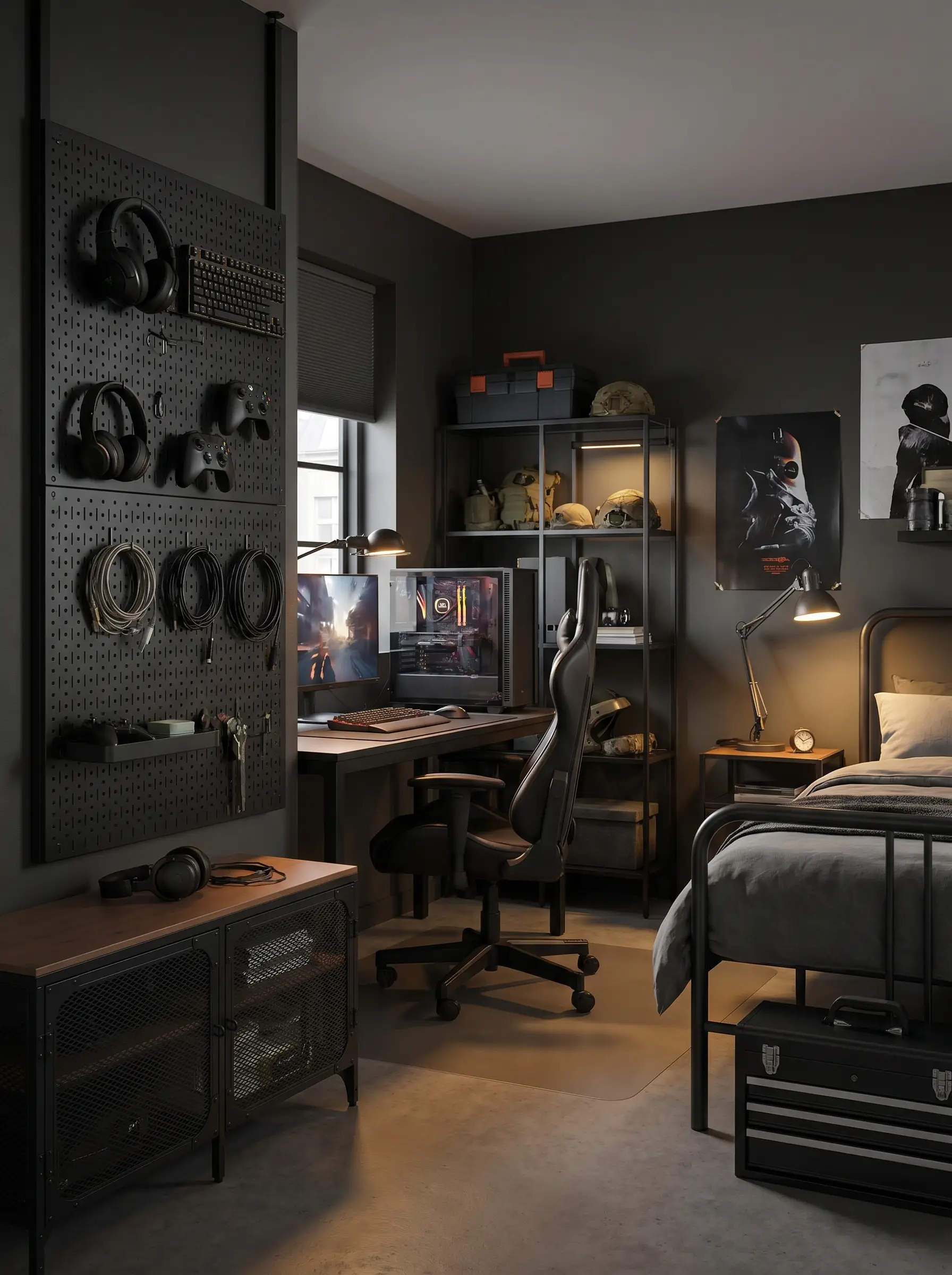 A matte black modular metal pegboard mounts on the wall beside a desk, holding gaming headphones, controllers, and coiled cables.
