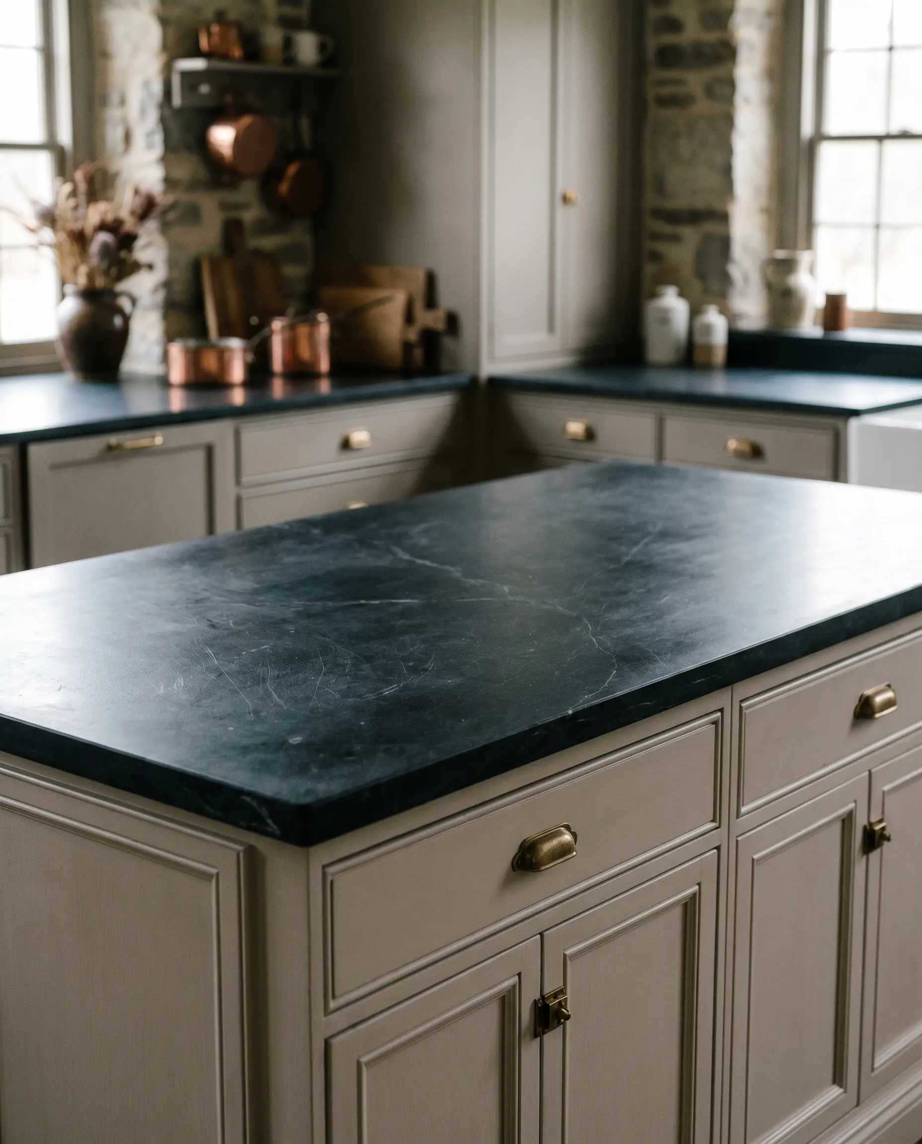 A chalky, matte black oiled soapstone countertop grounds the kitchen island, providing sharp contrast against the soft mushroom painted base cabinetry.