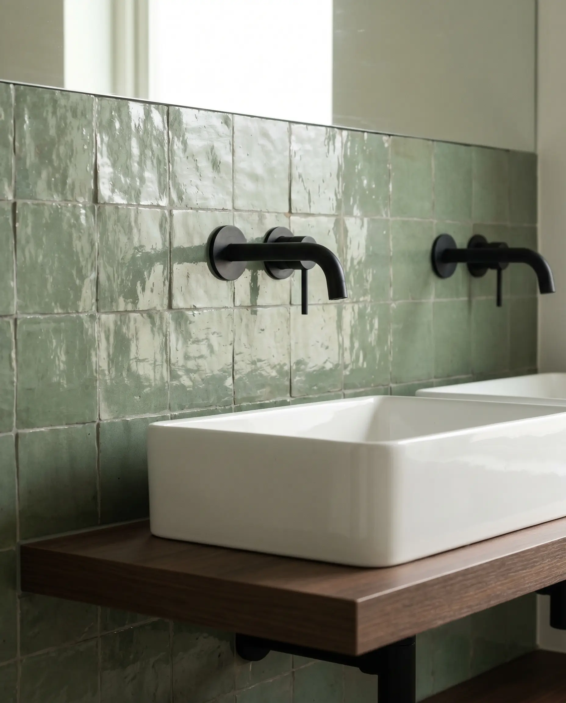 Crisp matte black wall-mounted sink faucets protrude flawlessly from a rough, irregular sage green Moroccan clay wall over a clean white ceramic basin.