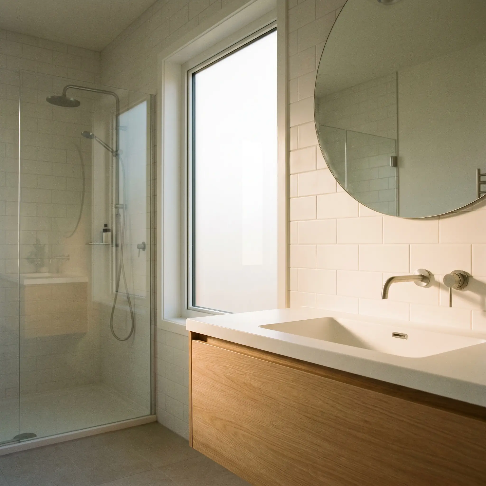 Soft matte finish white ceramic tiles cover a glare-free wall behind a sleek modern light oak vanity and a matte white solid surface sink.