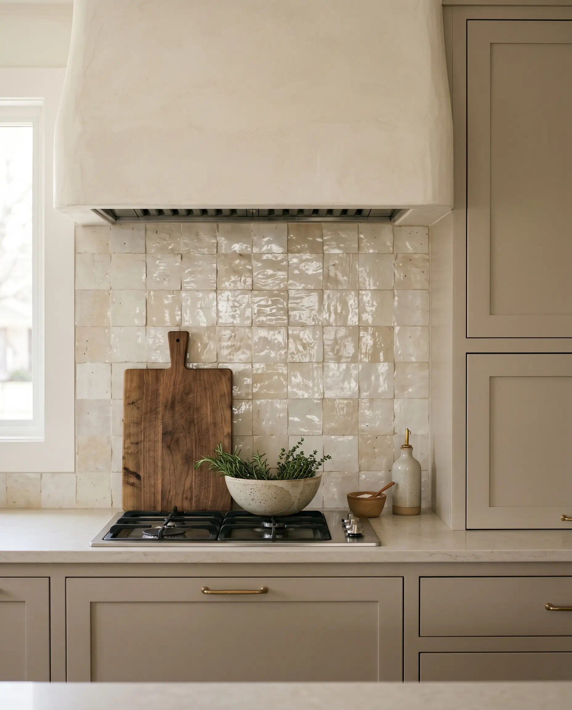 Smooth matte greige cabinetry and a honed plaster range hood surround a hand-chiseled undulating ivory tile wall styled with earthen ceramics.